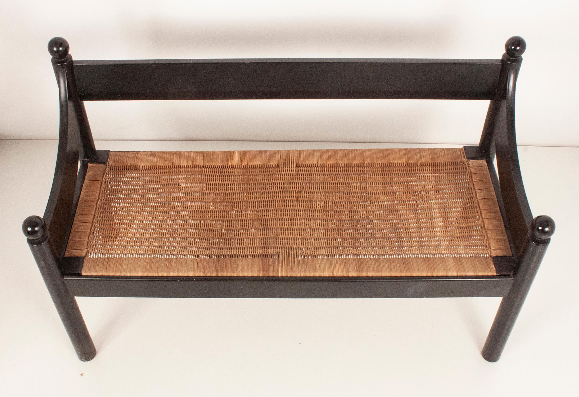 Bench in Black Lacquered Wood and Rush, by Joaquin Belsa, Spain 1970's In Good Condition In Barcelona, Cataluna