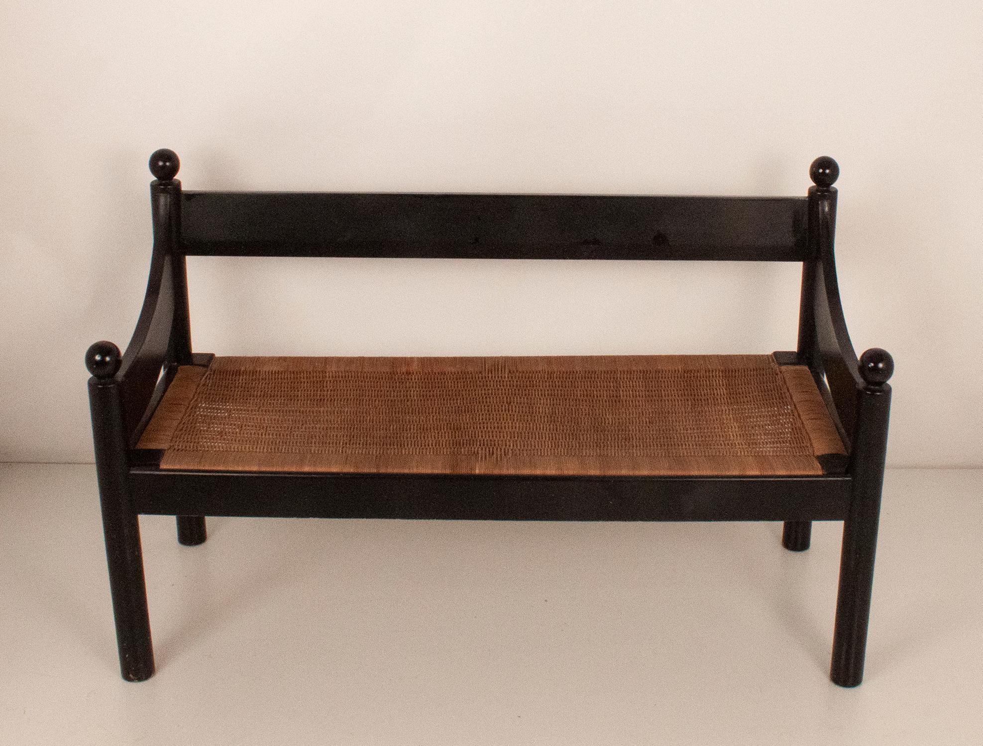 Bench in Black Lacquered Wood and Rush, by Joaquin Belsa, Spain 1970's 2