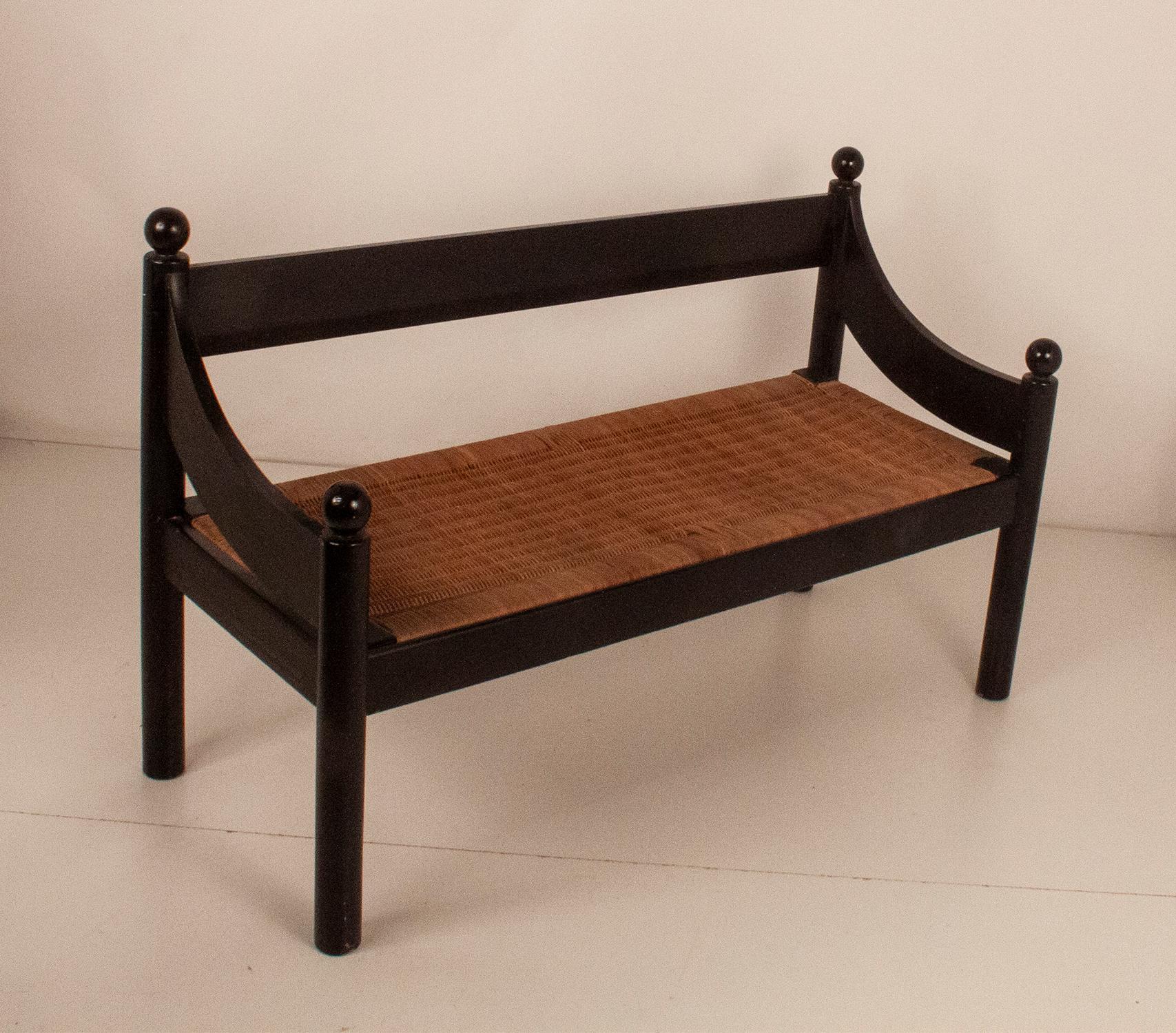 Bench in Black Lacquered Wood and Rush, by Joaquin Belsa, Spain 1970's 3