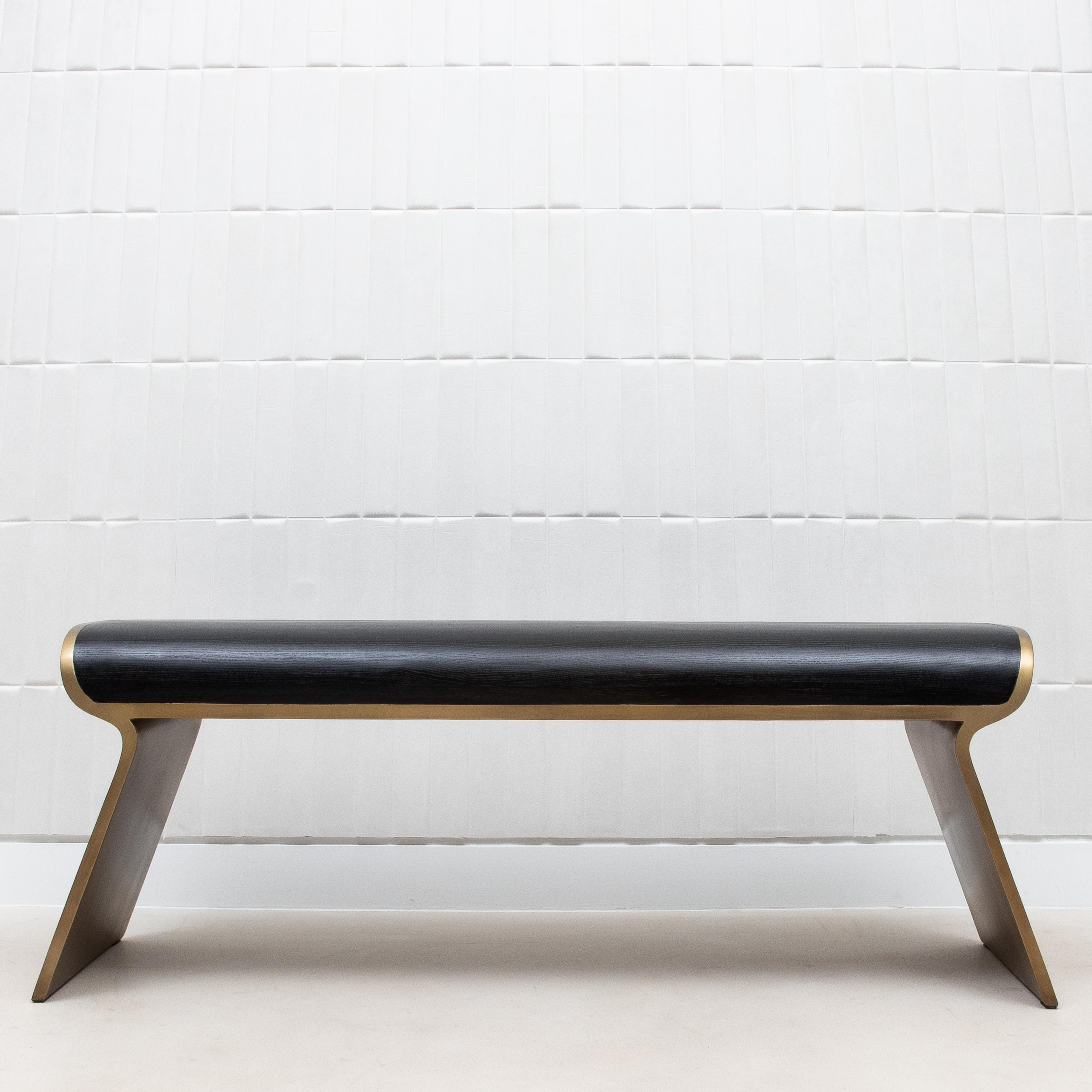 Art Deco Bench in Black Oak with Bronze Patina Brass Legs by Kifu Paris For Sale