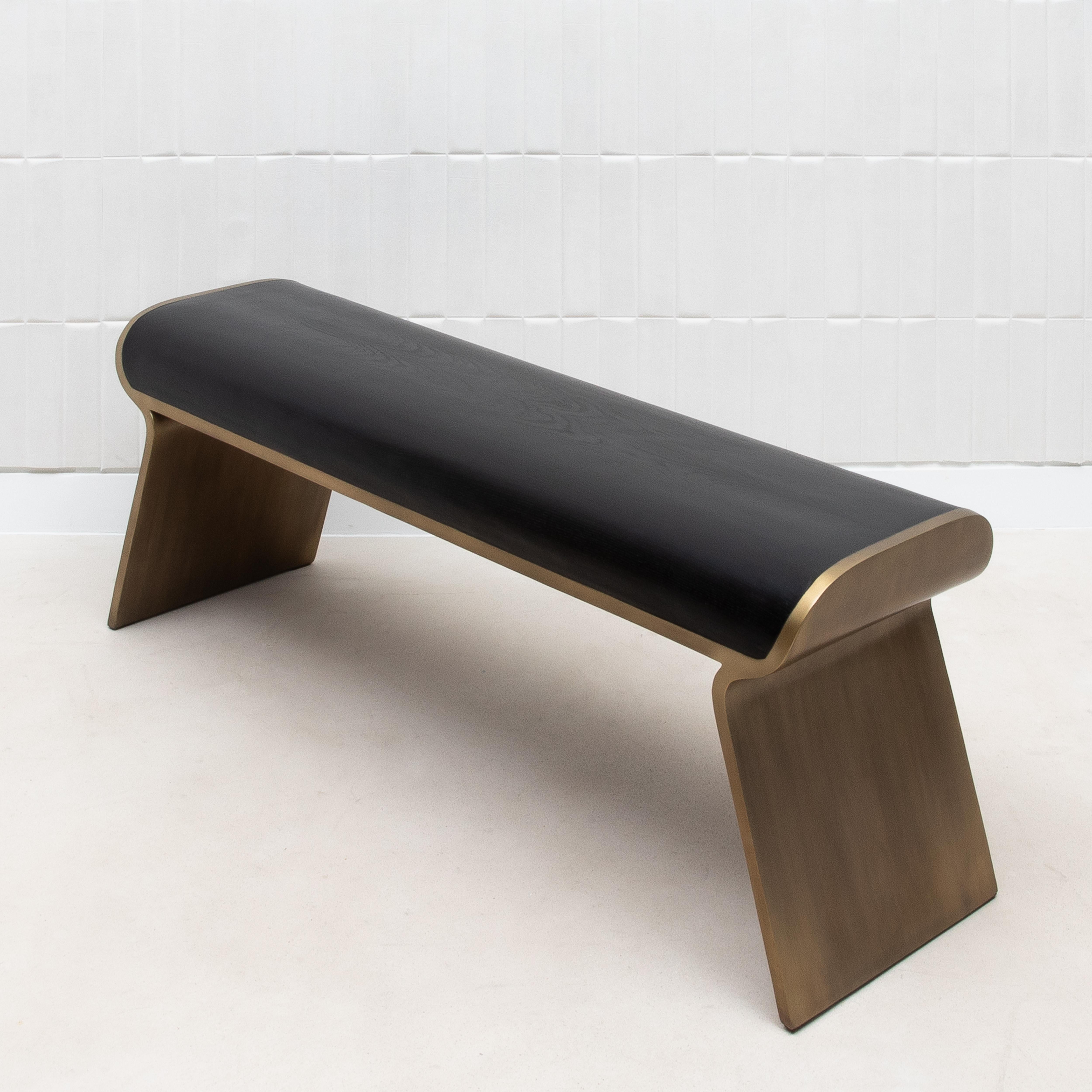 Contemporary Bench in Black Oak with Bronze Patina Brass Legs by Kifu Paris For Sale