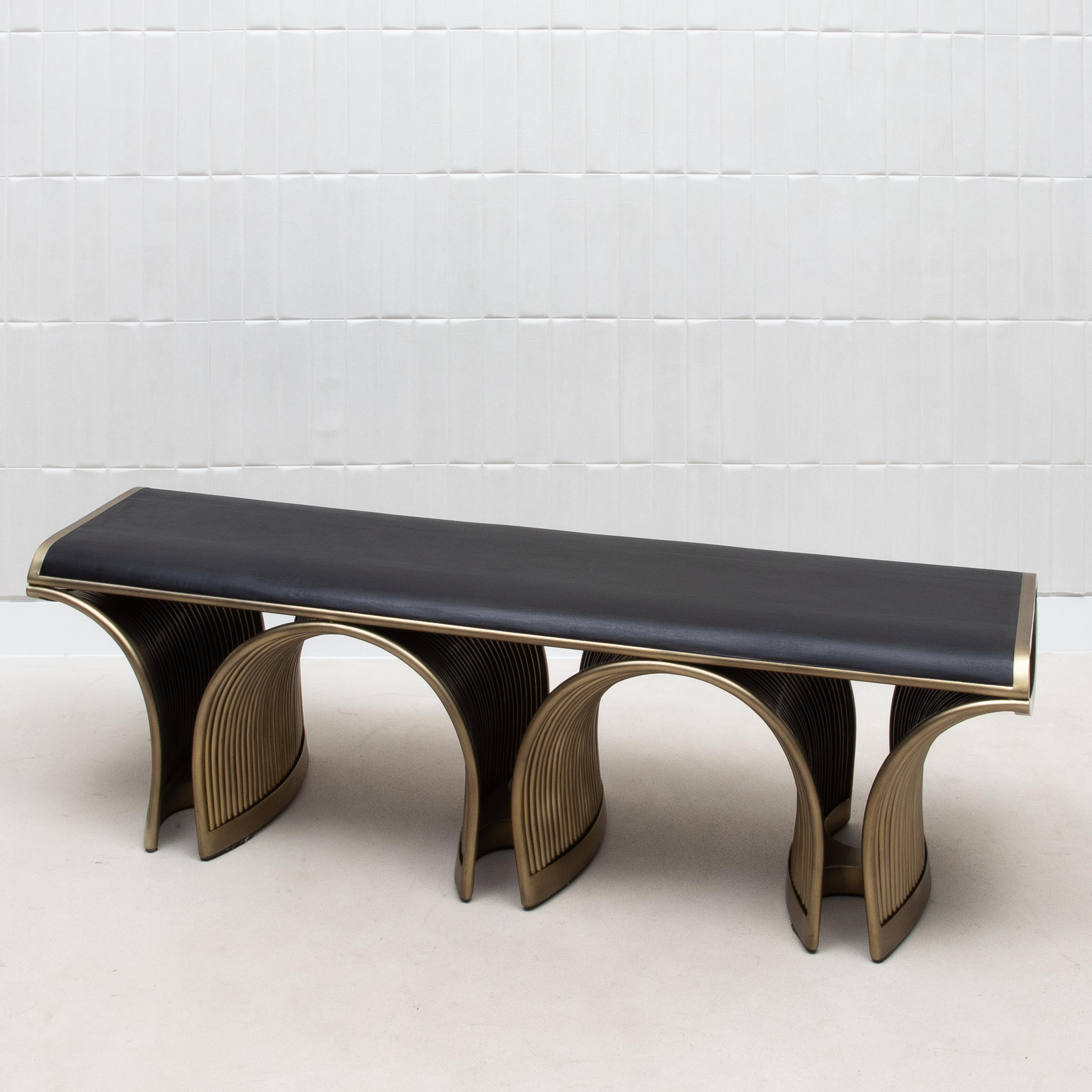 Philippine Bench in Black Oak with Bronze Patina Brass Legs by R&Y Augousti For Sale
