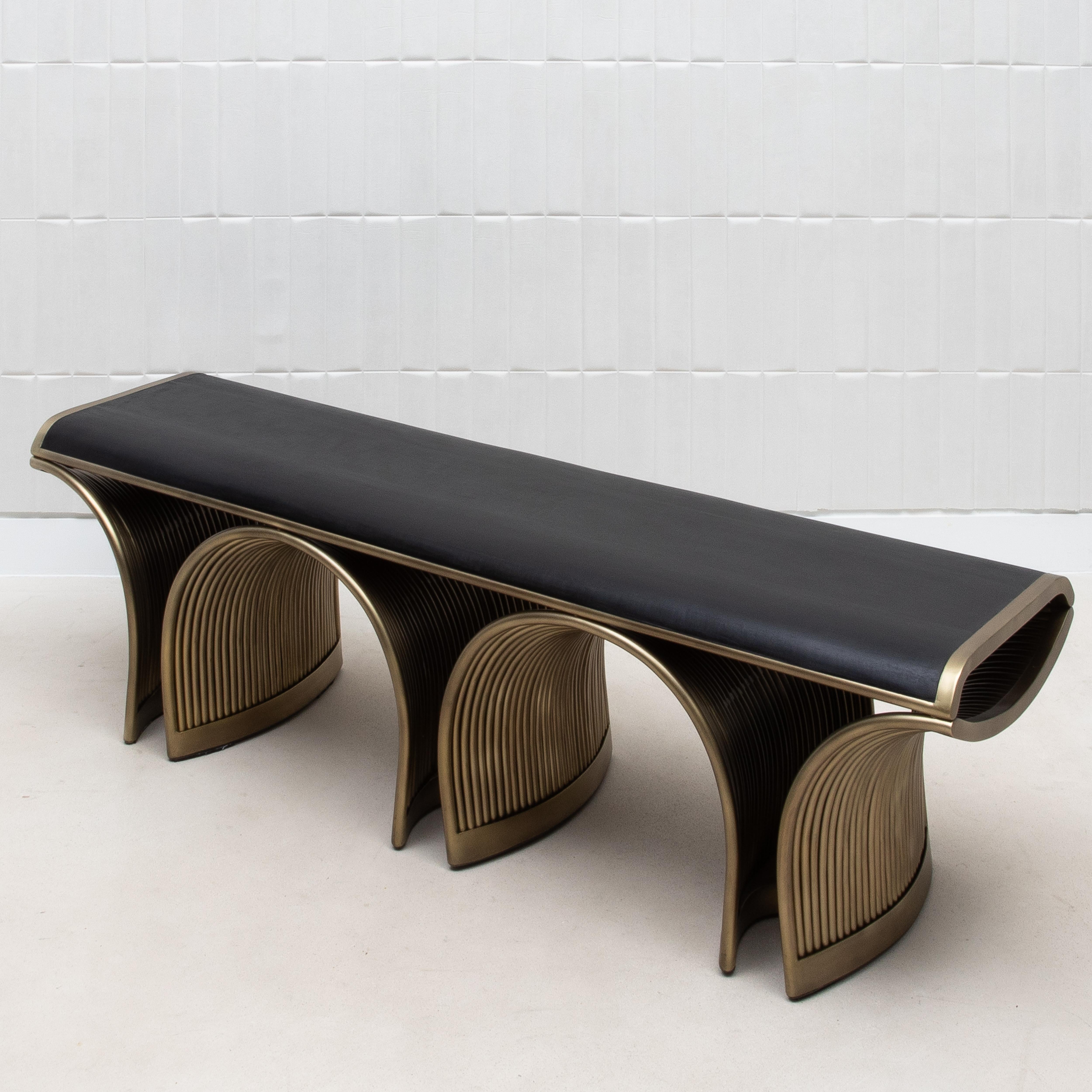 Hand-Crafted Bench in Black Oak with Bronze Patina Brass Legs by R&Y Augousti For Sale
