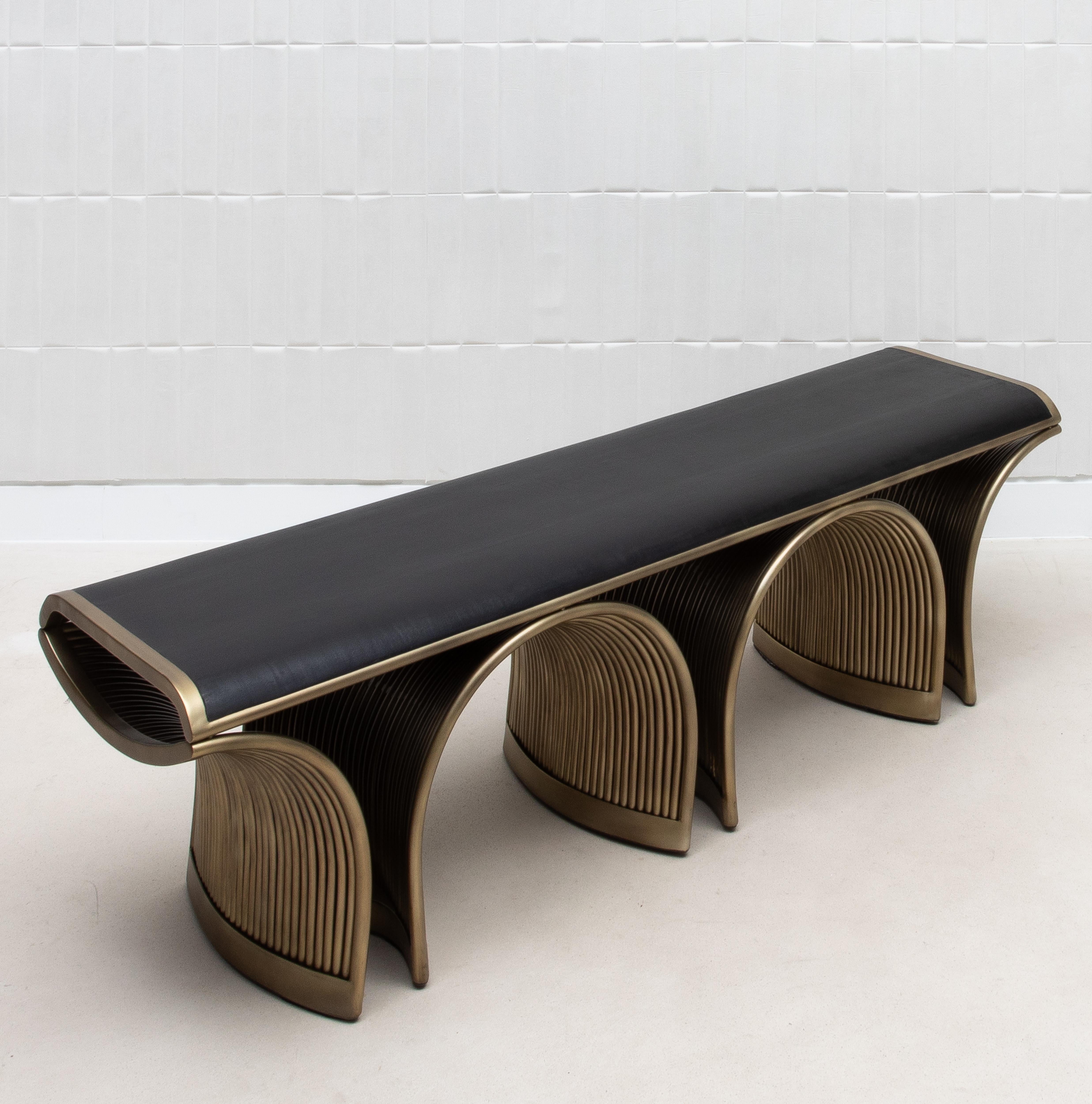 Bench in Black Oak with Bronze Patina Brass Legs by R&Y Augousti For Sale 2