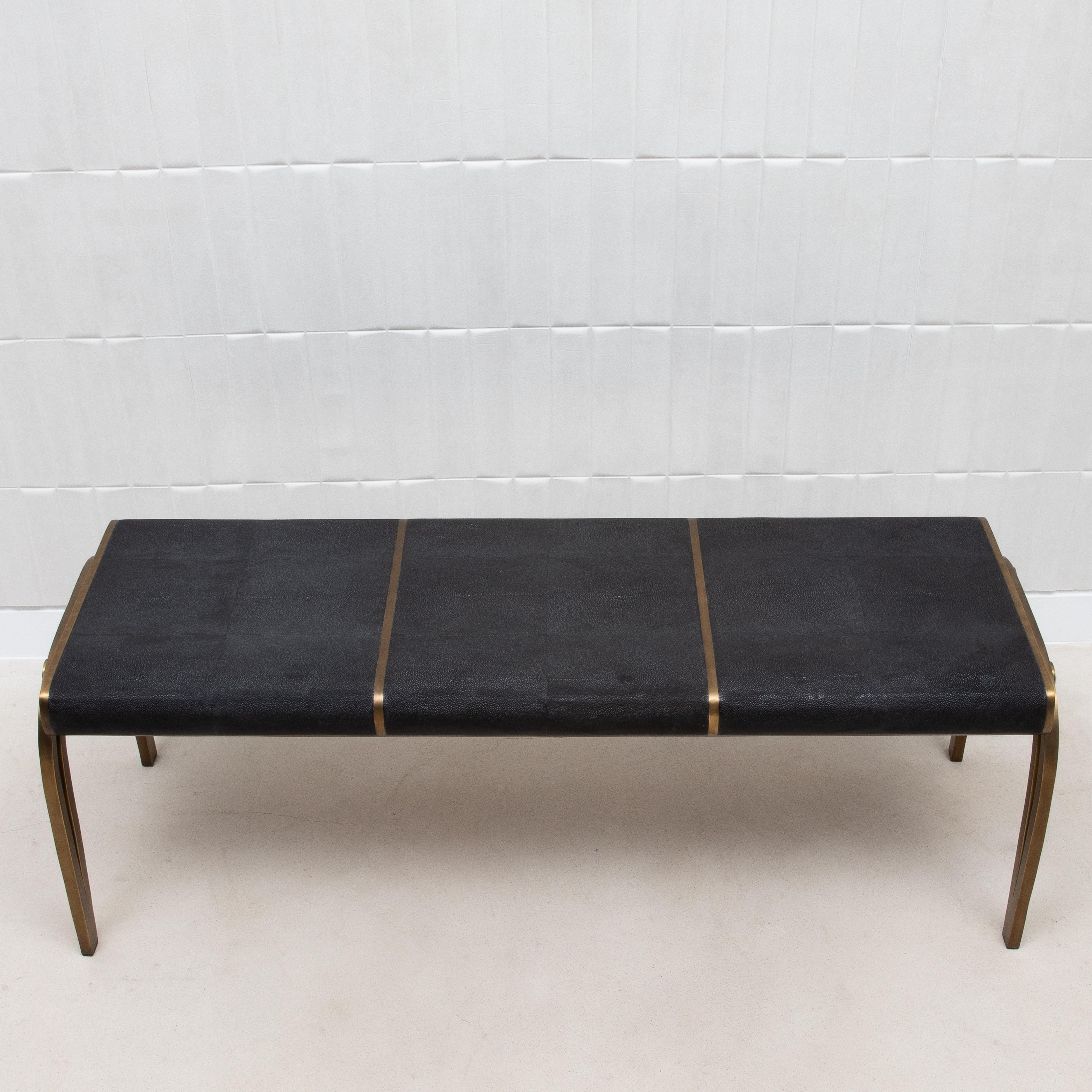 Art Deco Bench in Black Shagreen with Bronze Patina Brass Detail by R&Y Augousti For Sale