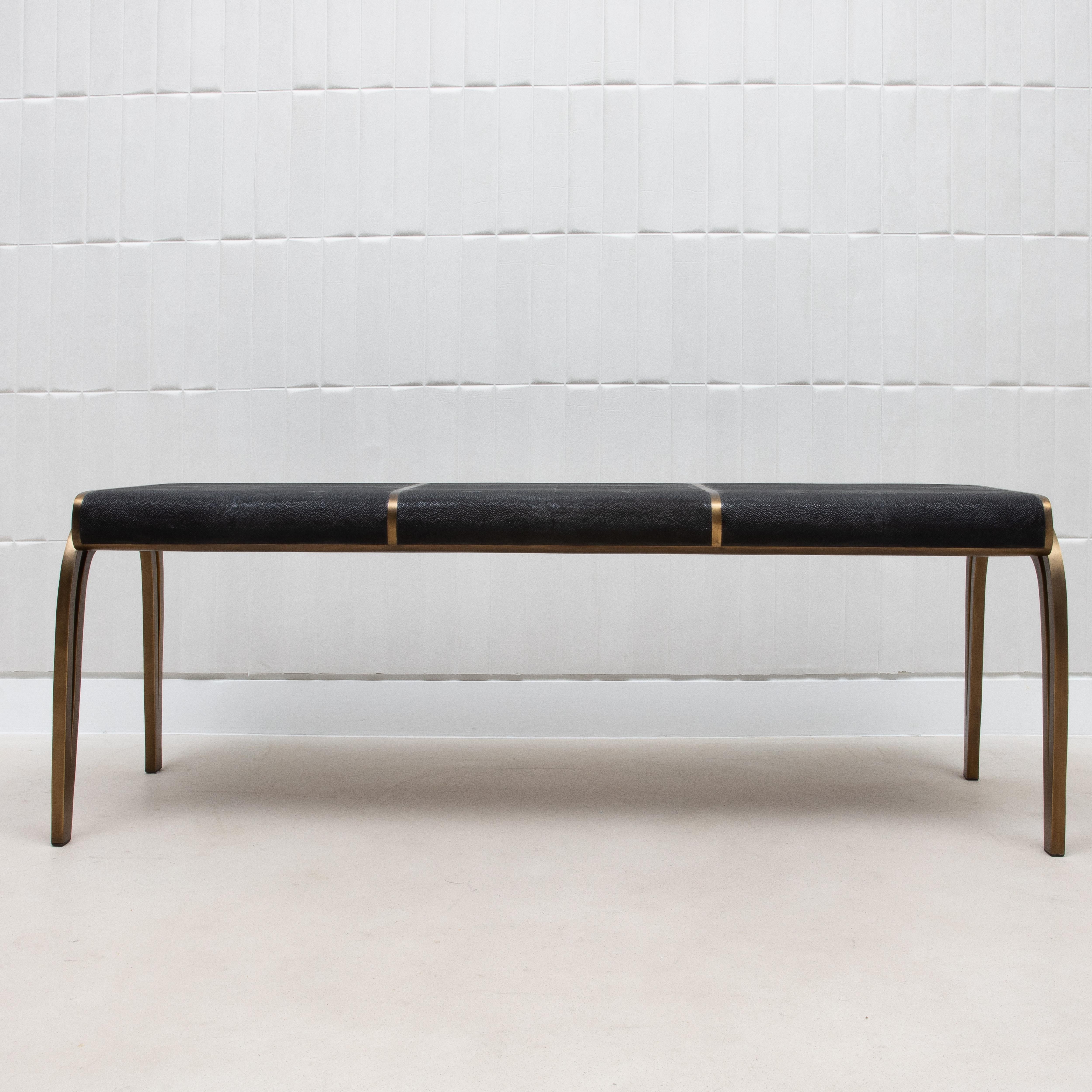 Philippine Bench in Black Shagreen with Bronze Patina Brass Detail by R&Y Augousti For Sale