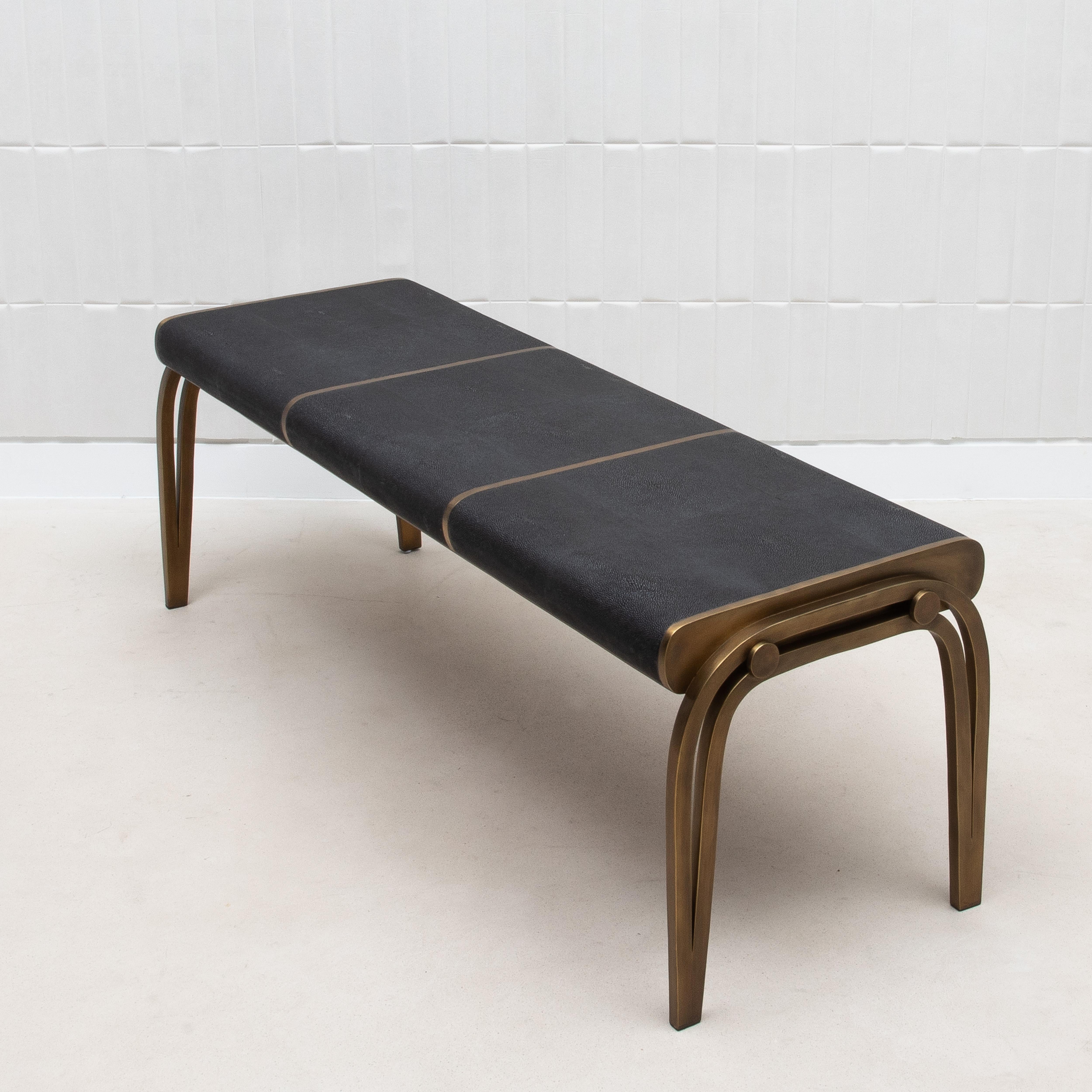 Contemporary Bench in Black Shagreen with Bronze Patina Brass Detail by R&Y Augousti For Sale