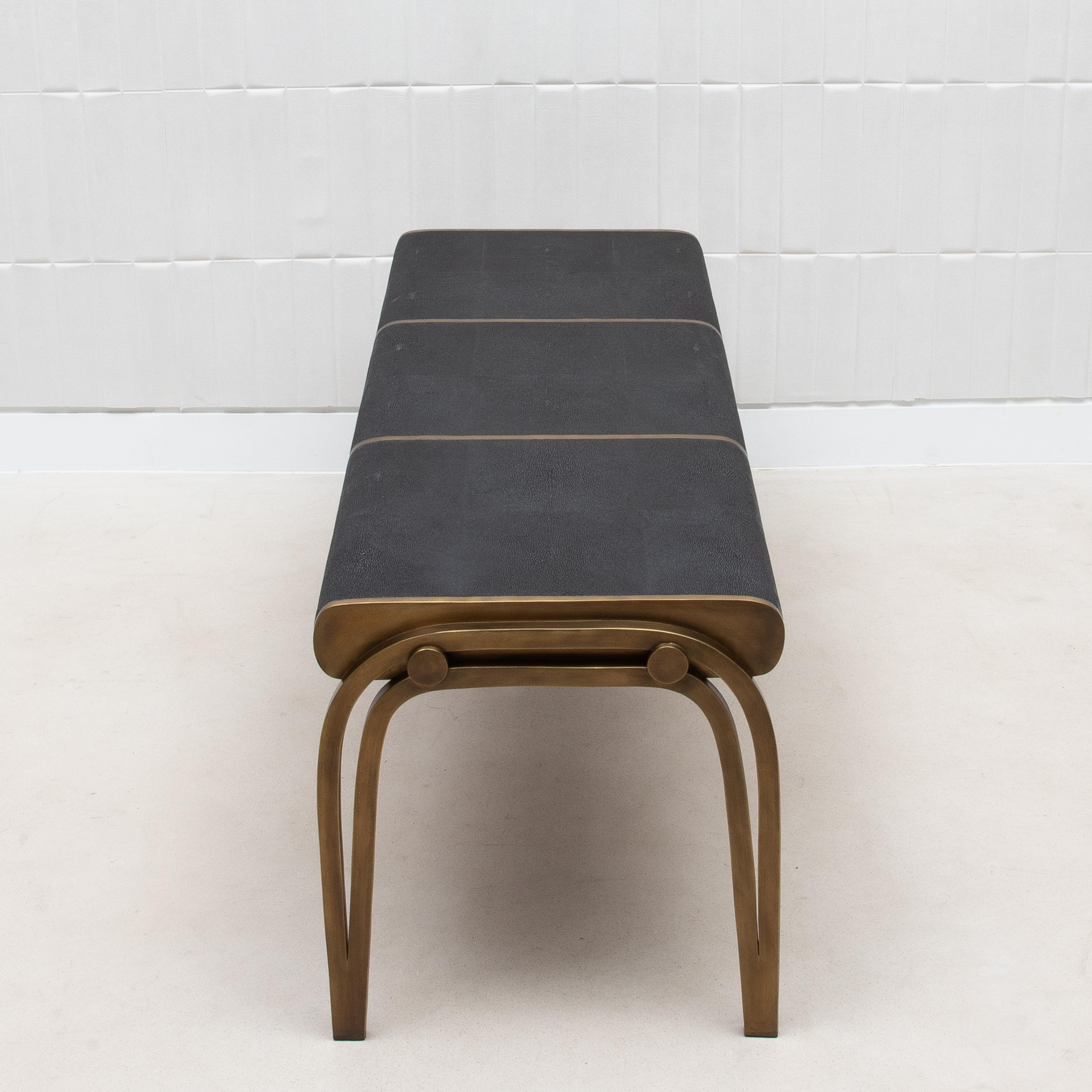 Bench in Black Shagreen with Bronze Patina Brass Detail by R&Y Augousti For Sale 1