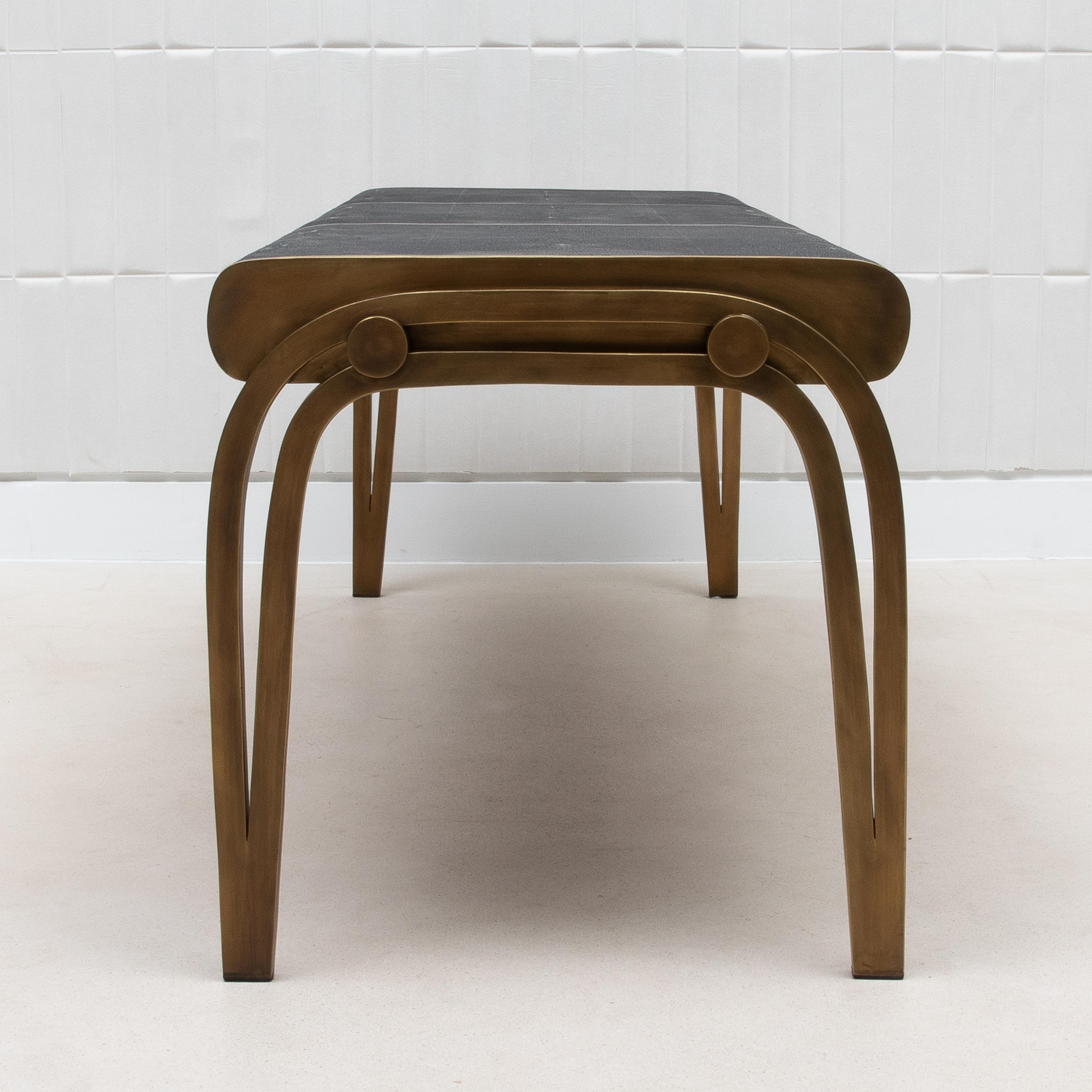 Bench in Black Shagreen with Bronze Patina Brass Detail by R&Y Augousti For Sale 2