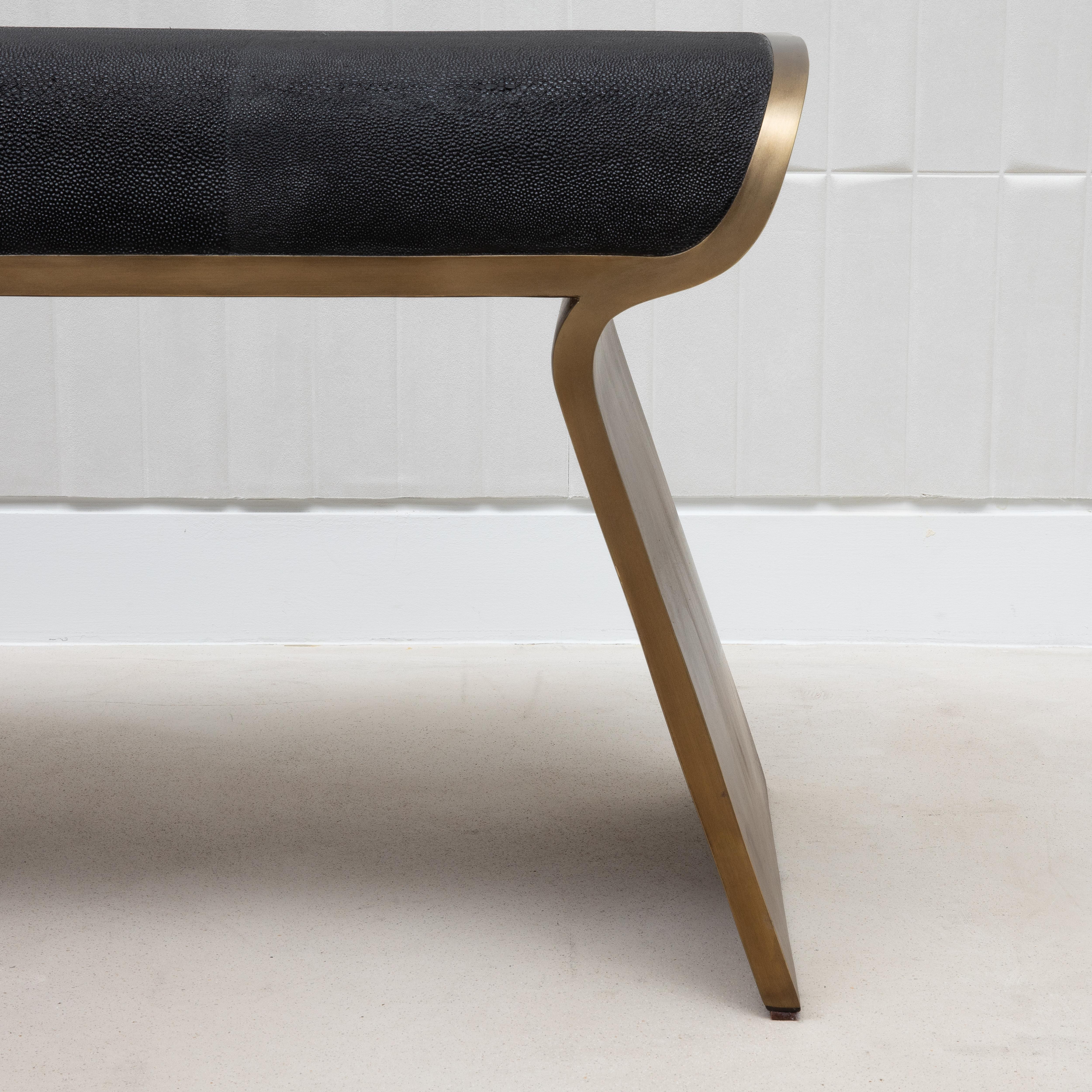 Bench in Black Shagreen with Bronze Patina Brass Legs by Kifu Paris For Sale 4