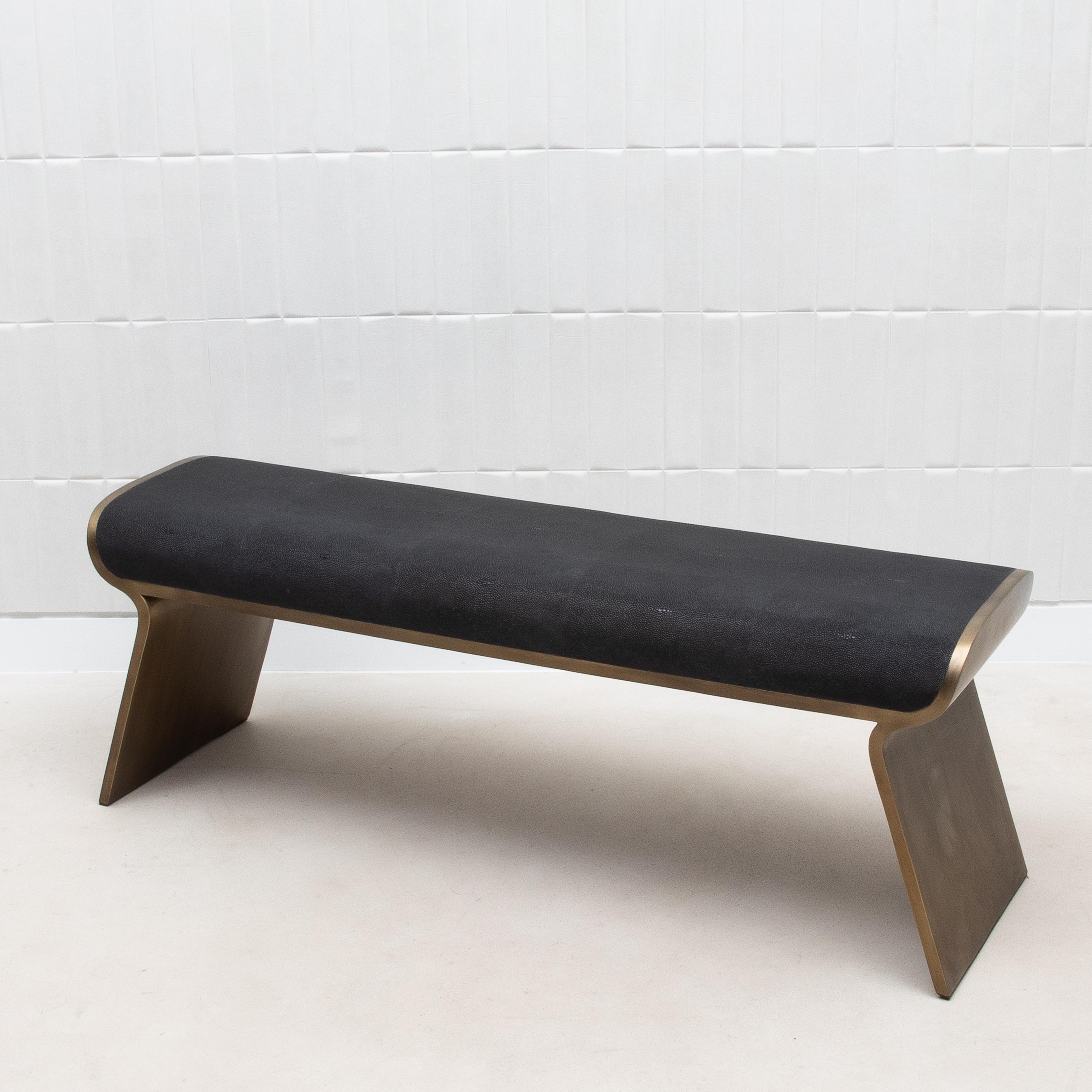 Art Deco Bench in Black Shagreen with Bronze Patina Brass Legs by Kifu Paris For Sale
