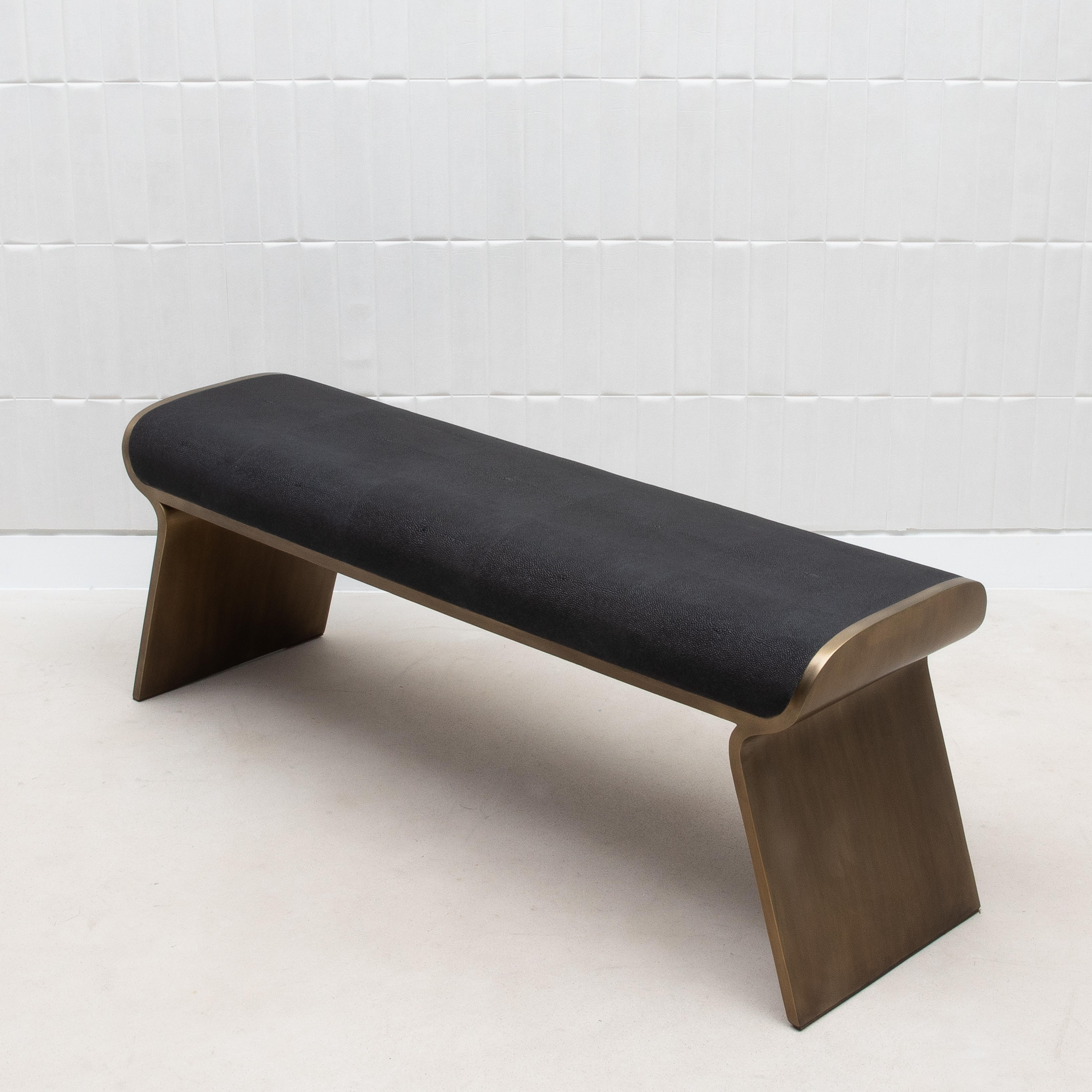 Philippine Bench in Black Shagreen with Bronze Patina Brass Legs by Kifu Paris For Sale
