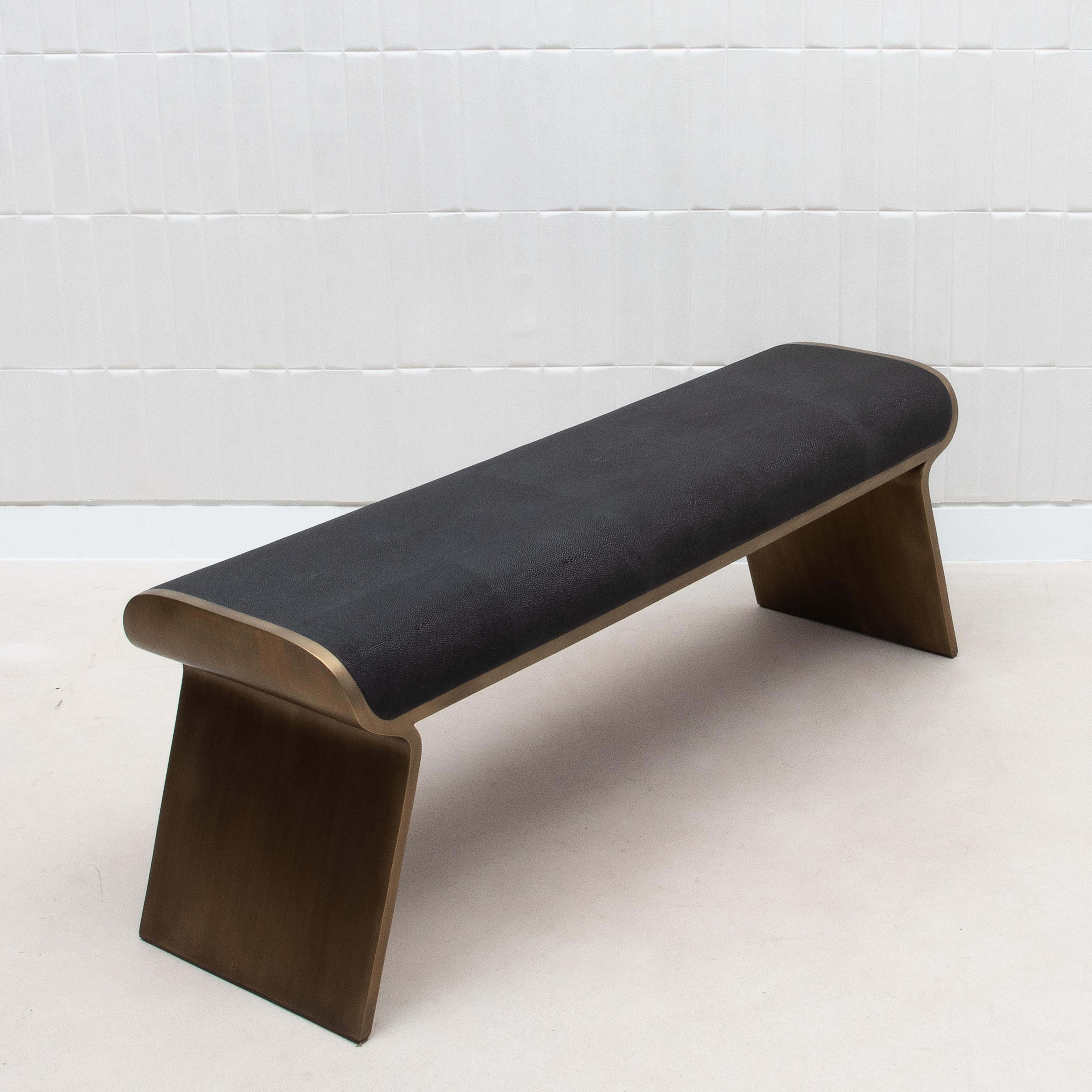Contemporary Bench in Black Shagreen with Bronze Patina Brass Legs by Kifu Paris For Sale