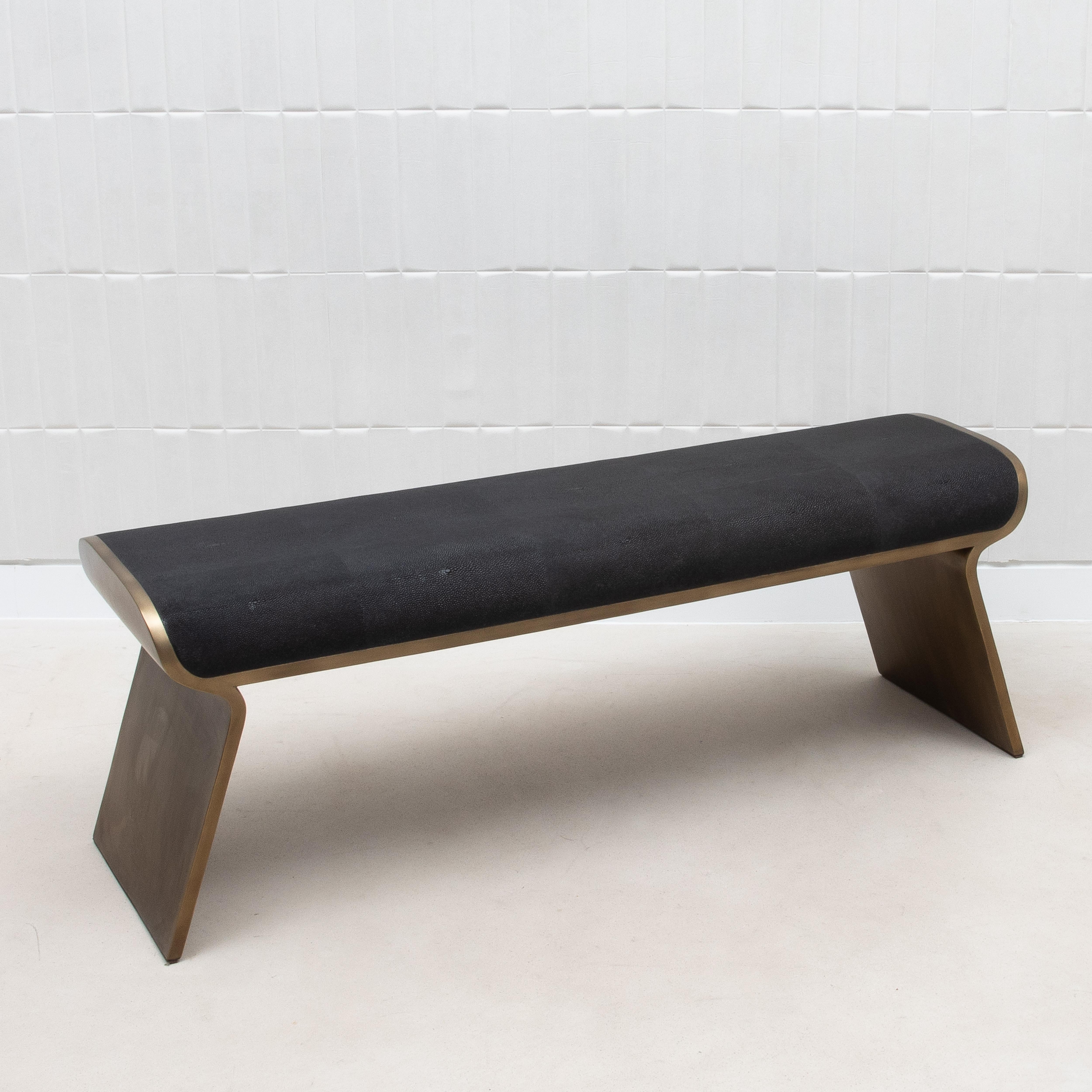 Bench in Black Shagreen with Bronze Patina Brass Legs by Kifu Paris For Sale 1