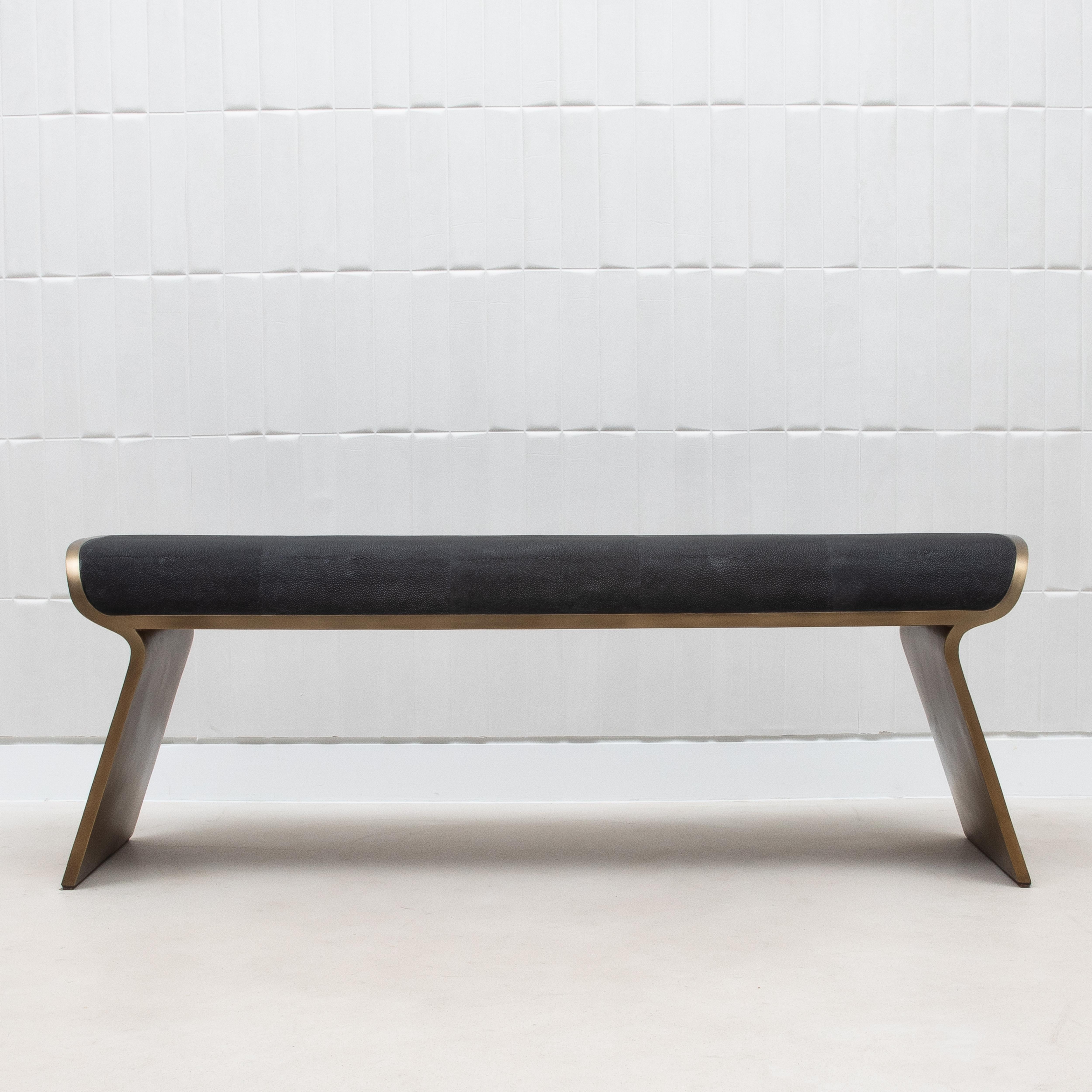 Bench in Black Shagreen with Bronze Patina Brass Legs by Kifu Paris For Sale 2