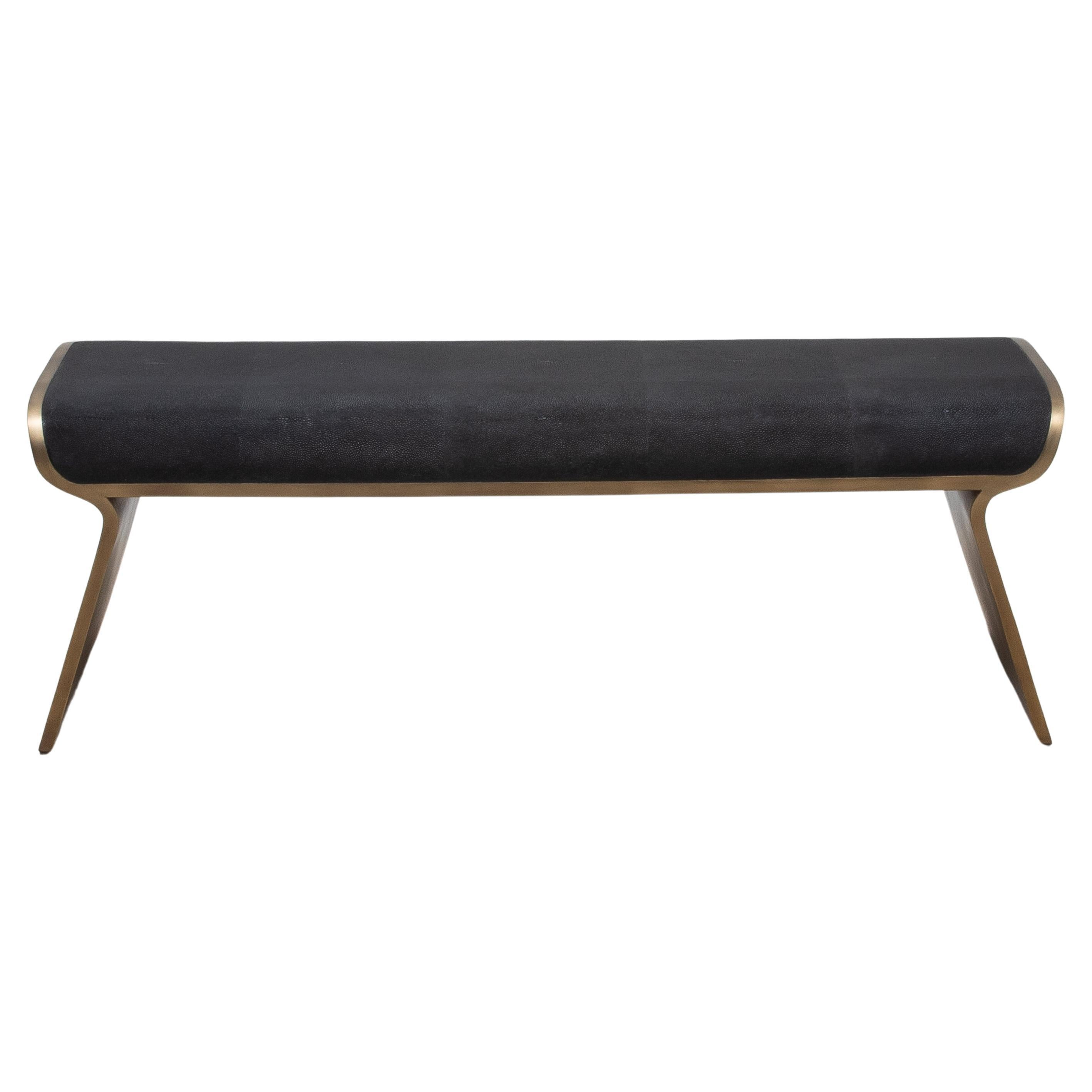Bench in Black Shagreen with Bronze Patina Brass Legs by Kifu Paris For Sale