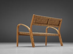 Banc en paille tressée et bois blond