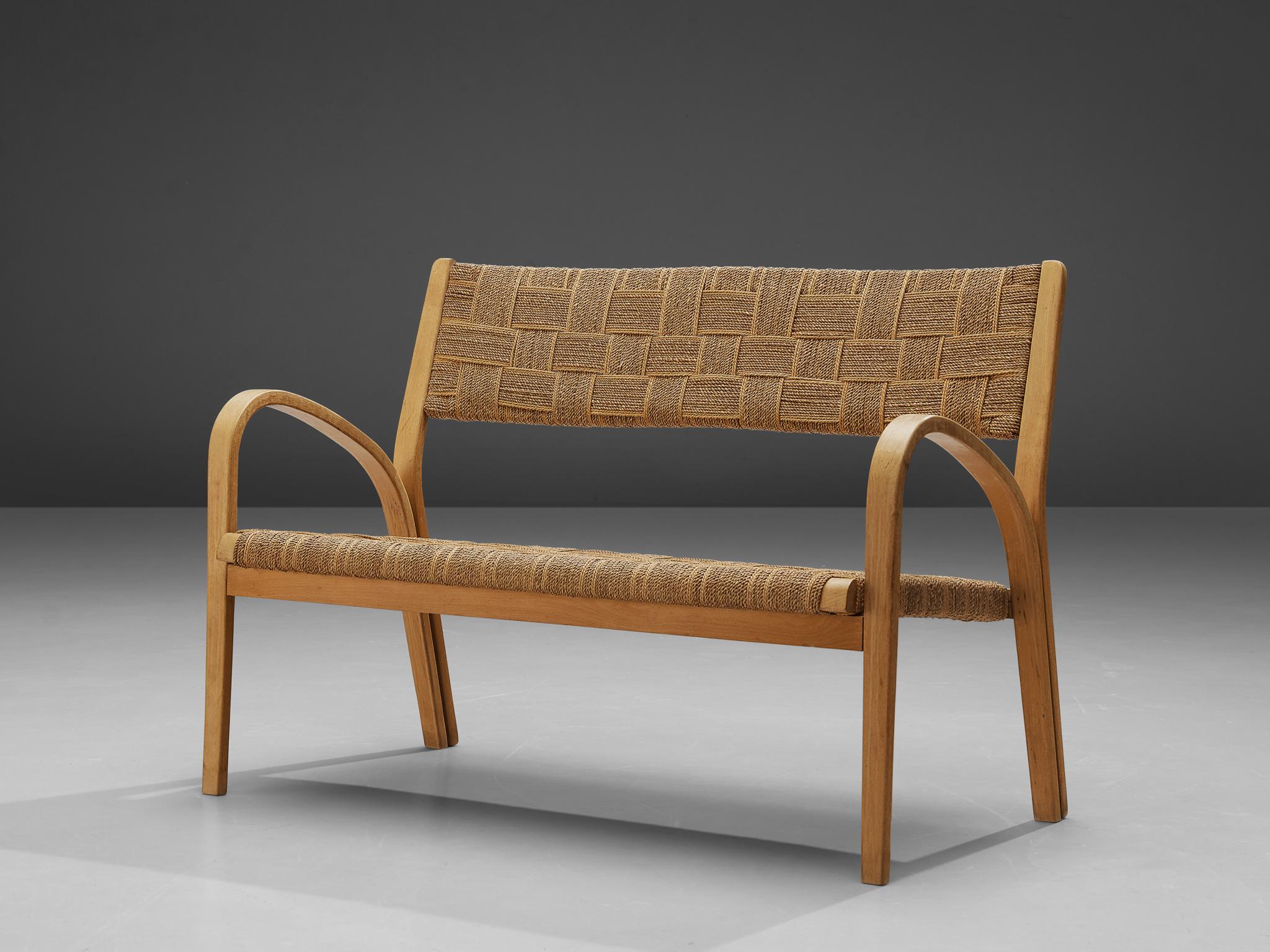Mid-Century moderno Panchina in paglia intrecciata e legno biondo in vendita