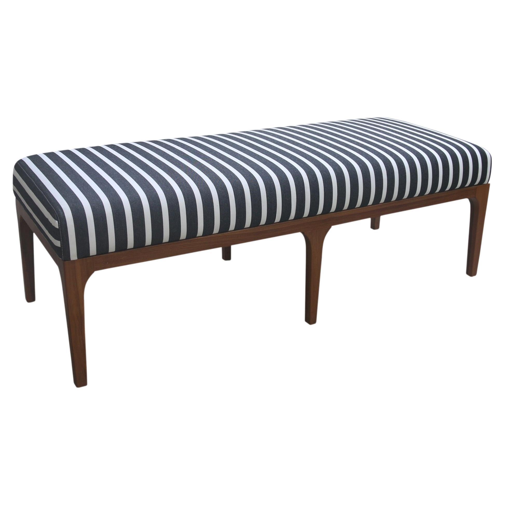 Bench in Golden Brown Finish with Black and White Stripe Fabric For Sale