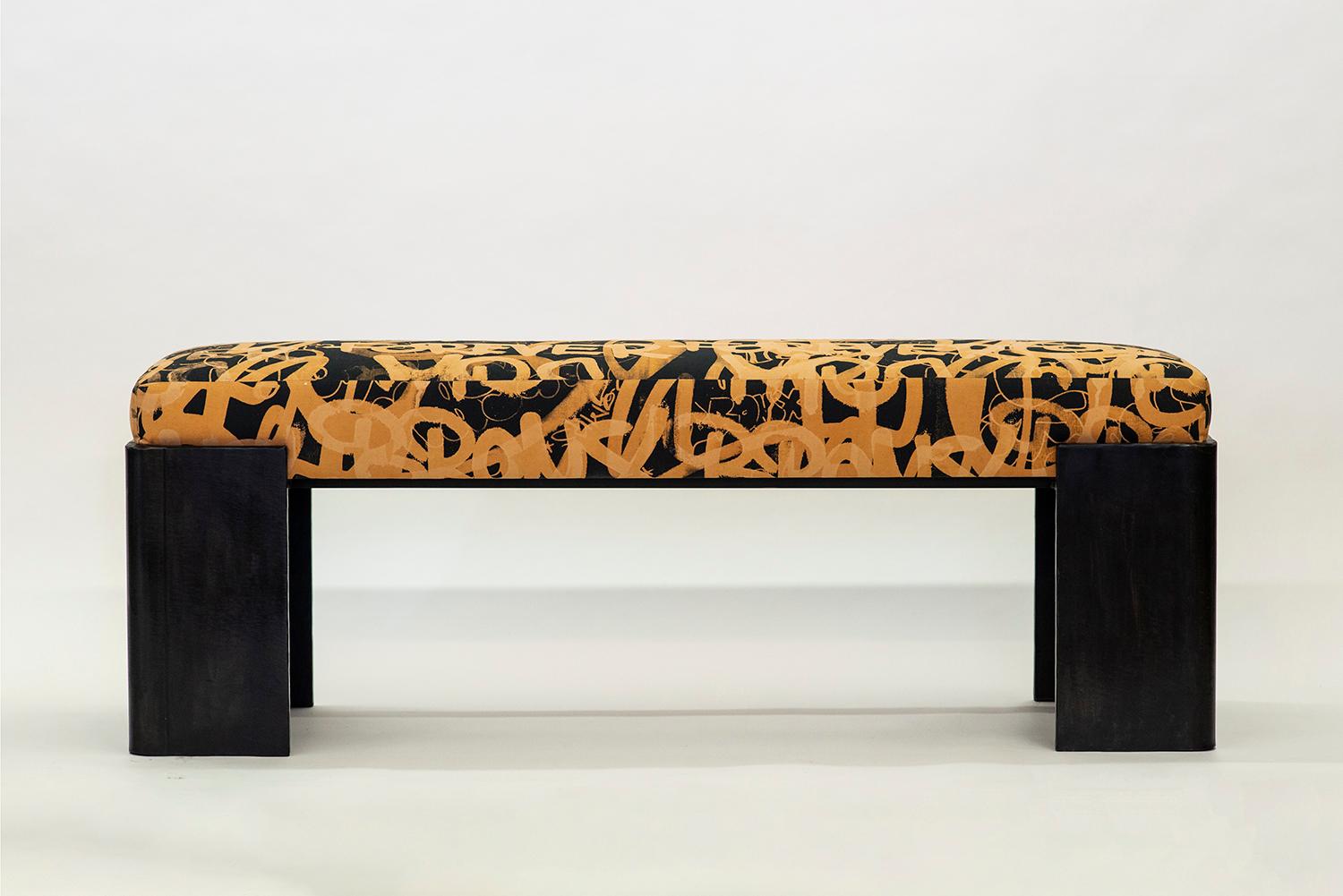 American Bench in Knoll Textile Plush Mohair with Blackened Steel Modern Contemporary For Sale