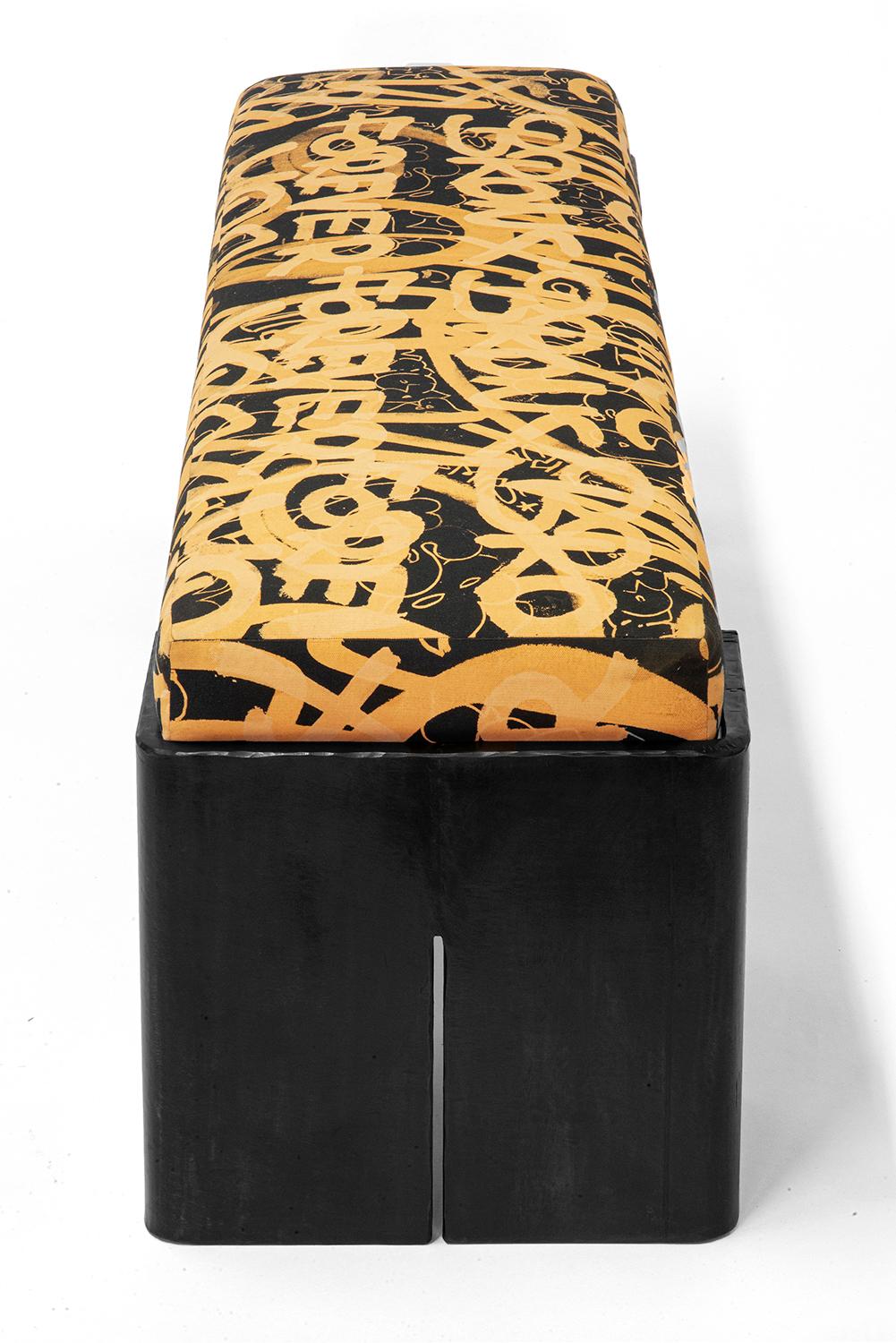 Carved Bench in Knoll Textile Plush Mohair with Blackened Steel Modern Contemporary For Sale