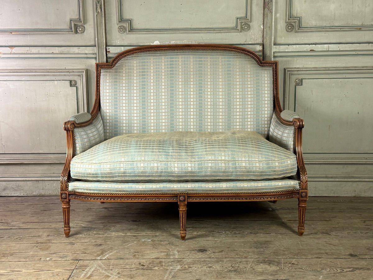 Louis XVI Bench In Molded And Carved Beech, Back In Gendarme Hat, Circa 1900 For Sale