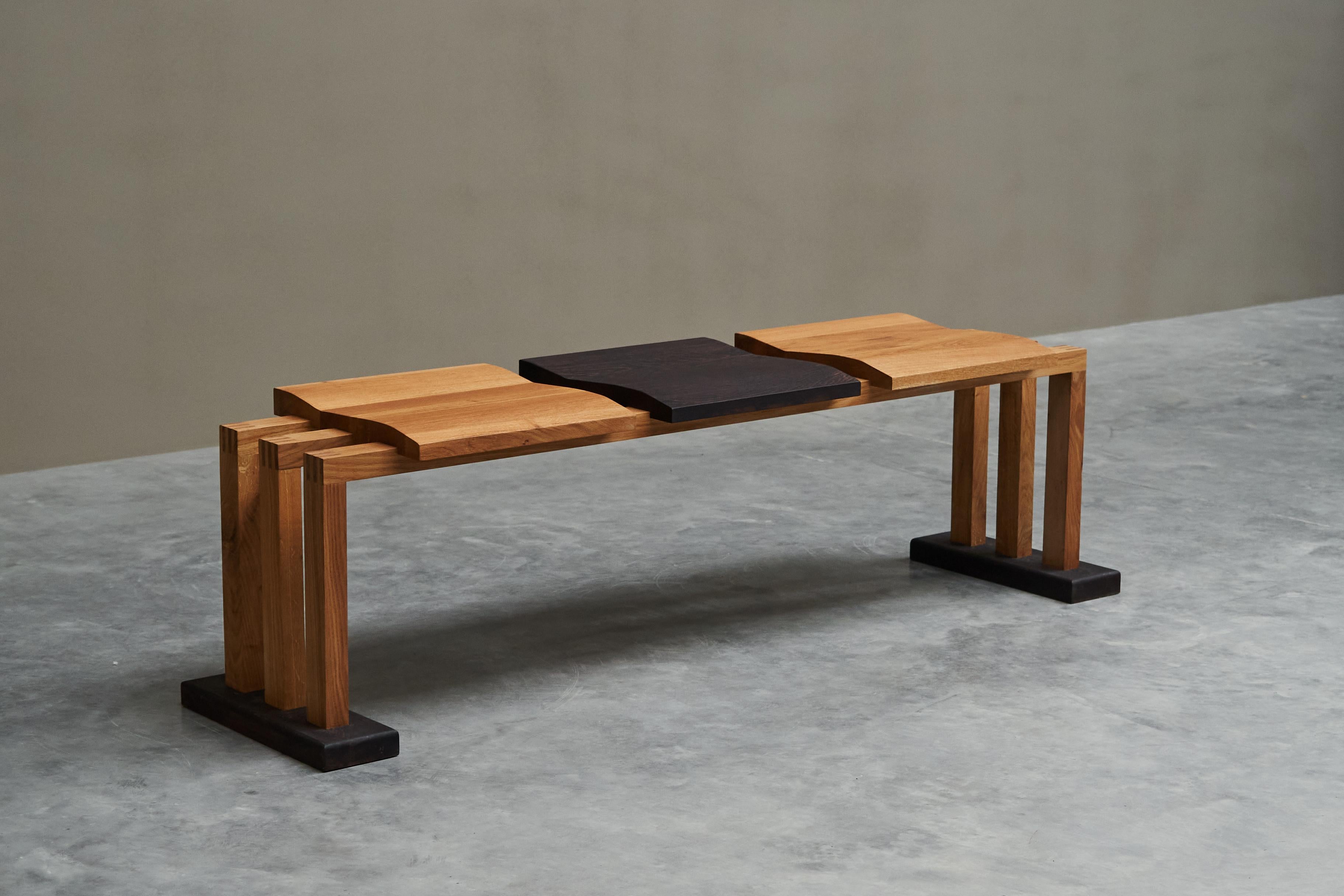 Bench in Solid Oak and Wengé by Dutch Wood Artist ‘1337 Furniture’ For Sale 7