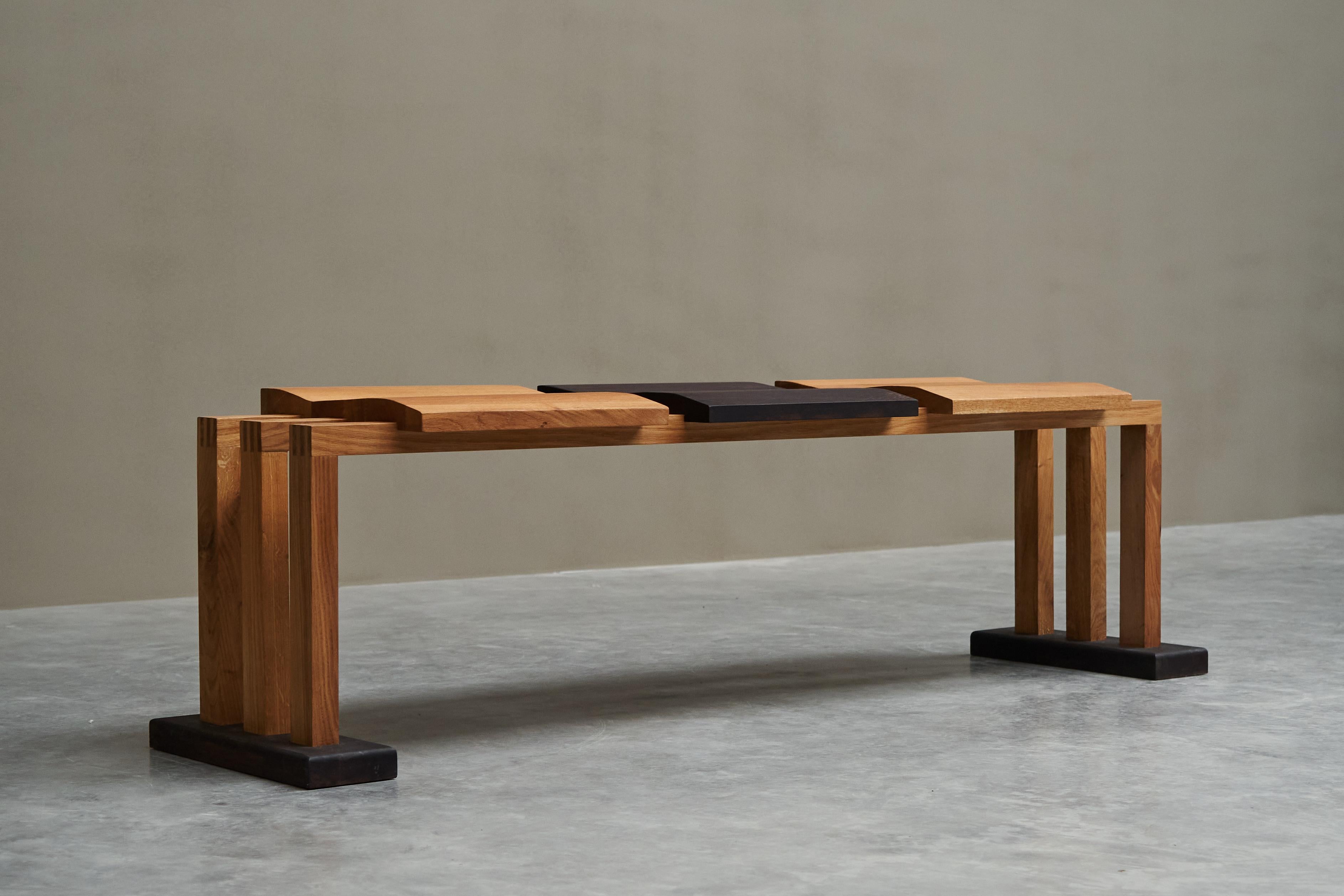 Mid-Century Modern Bench in Solid Oak and Wengé by Dutch Wood Artist ‘1337 Furniture’ For Sale