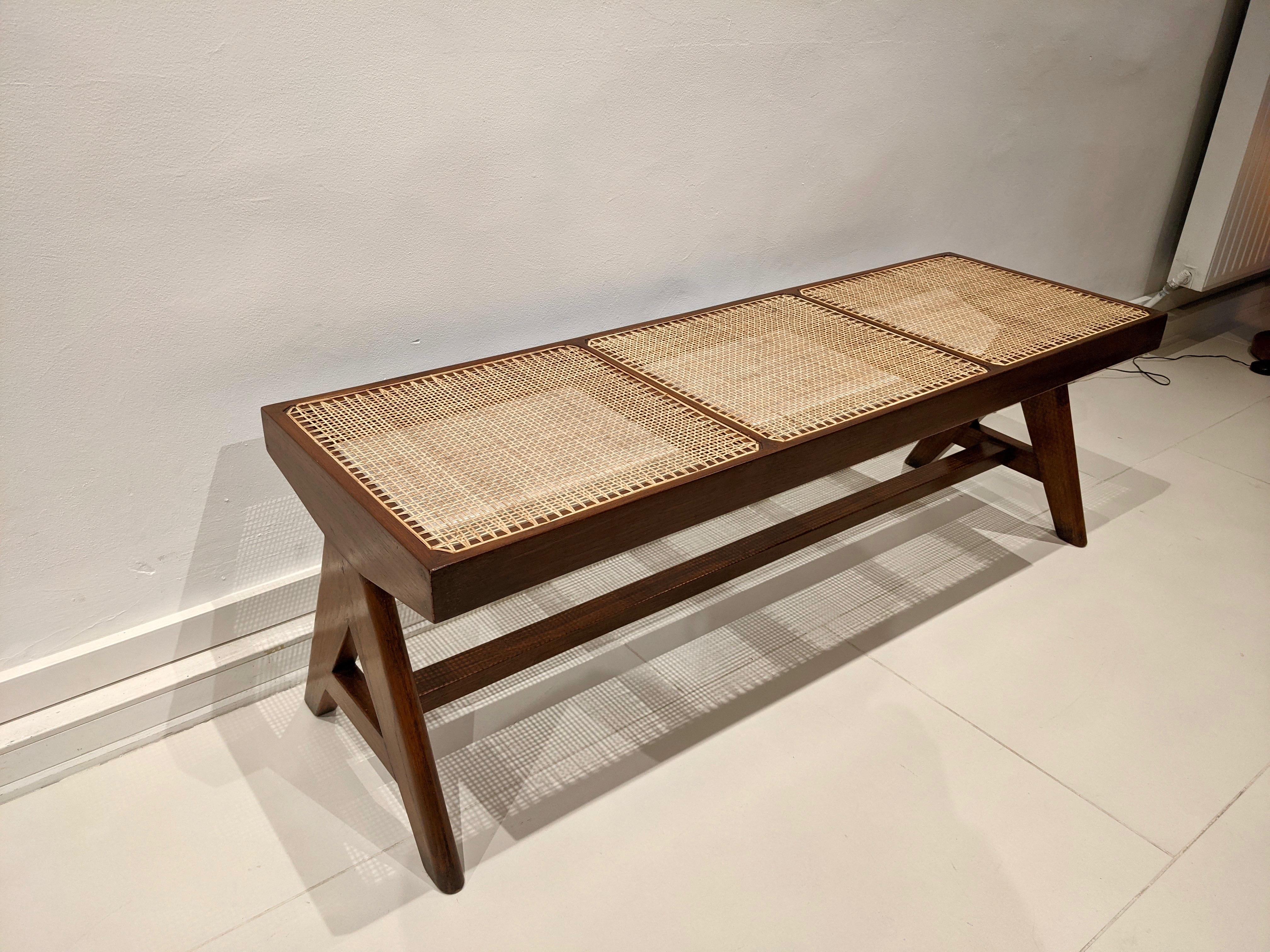 Mid-Century Modern Bench in Solid Teak and Cane by Pierre Jeanneret