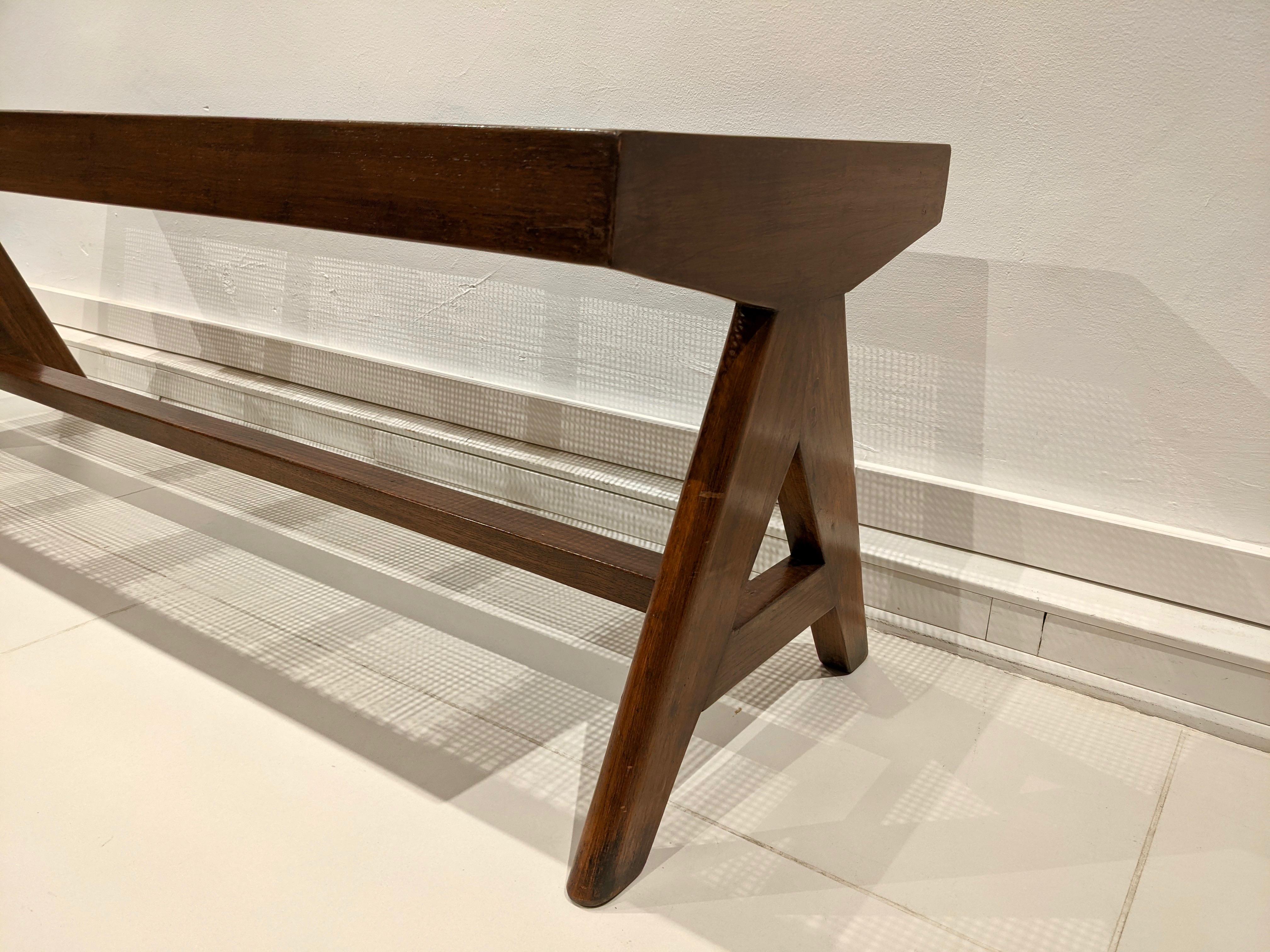 Indian Bench in Solid Teak and Cane by Pierre Jeanneret