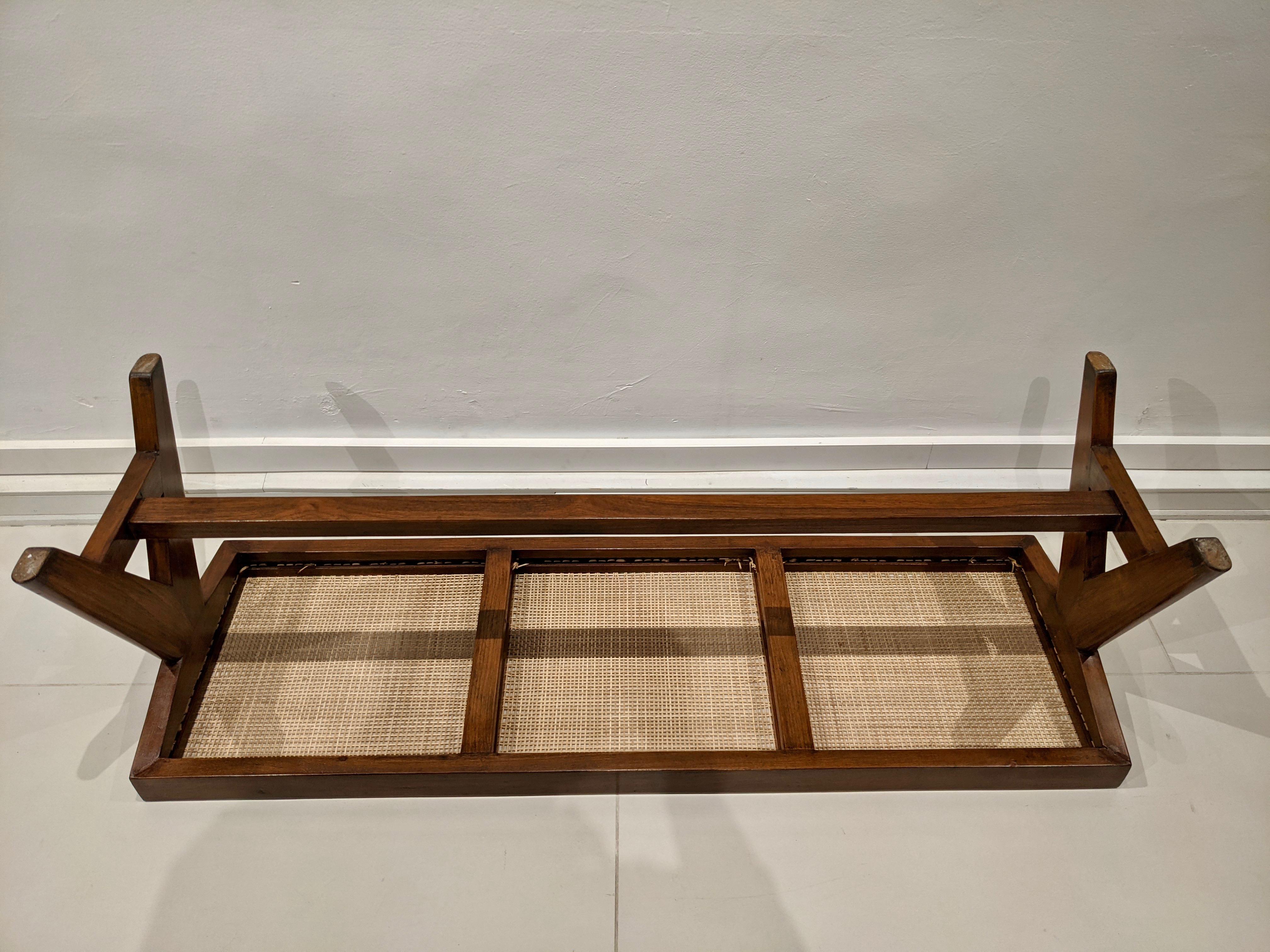 Bench in Solid Teak and Cane by Pierre Jeanneret 2