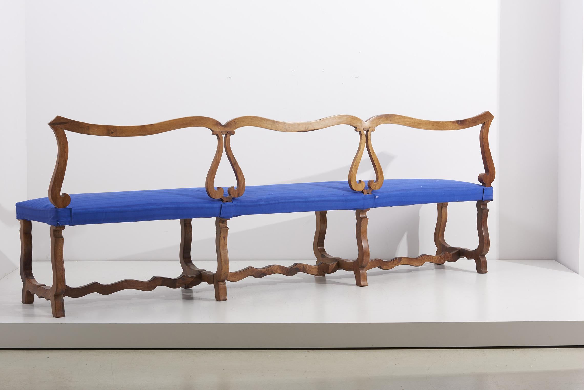 Fabric Bench in Spanish Walnut and Blue Dedar Upholstery For Sale