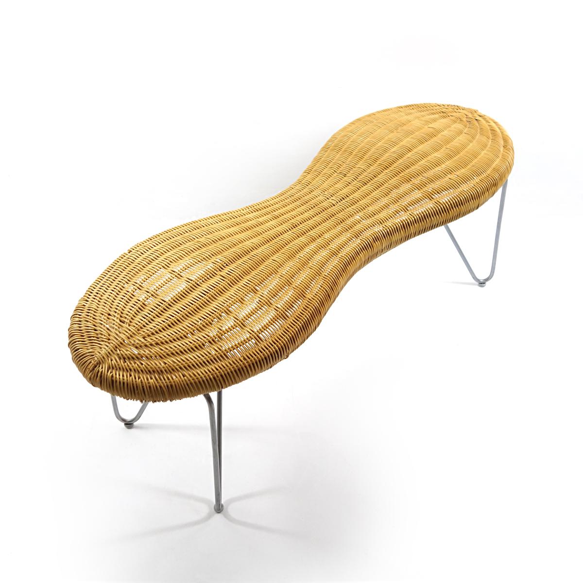 Swedish Bench in the Shape of a Peeling Peanut Made of Rattan, Wood and Stainless Steel For Sale