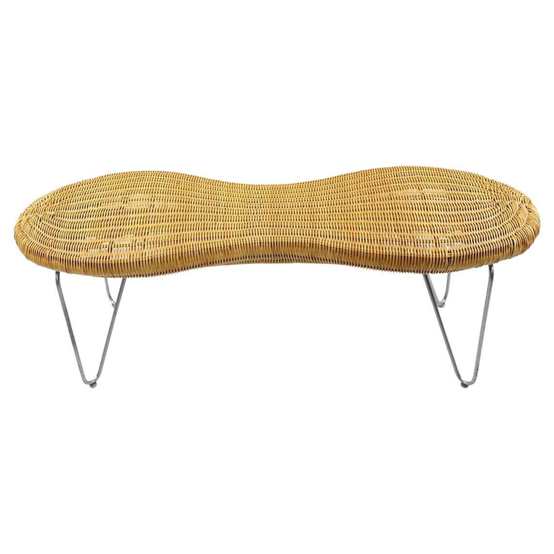 Bench in the Shape of a Peeling Peanut Made of Rattan, Wood and Stainless Steel For Sale