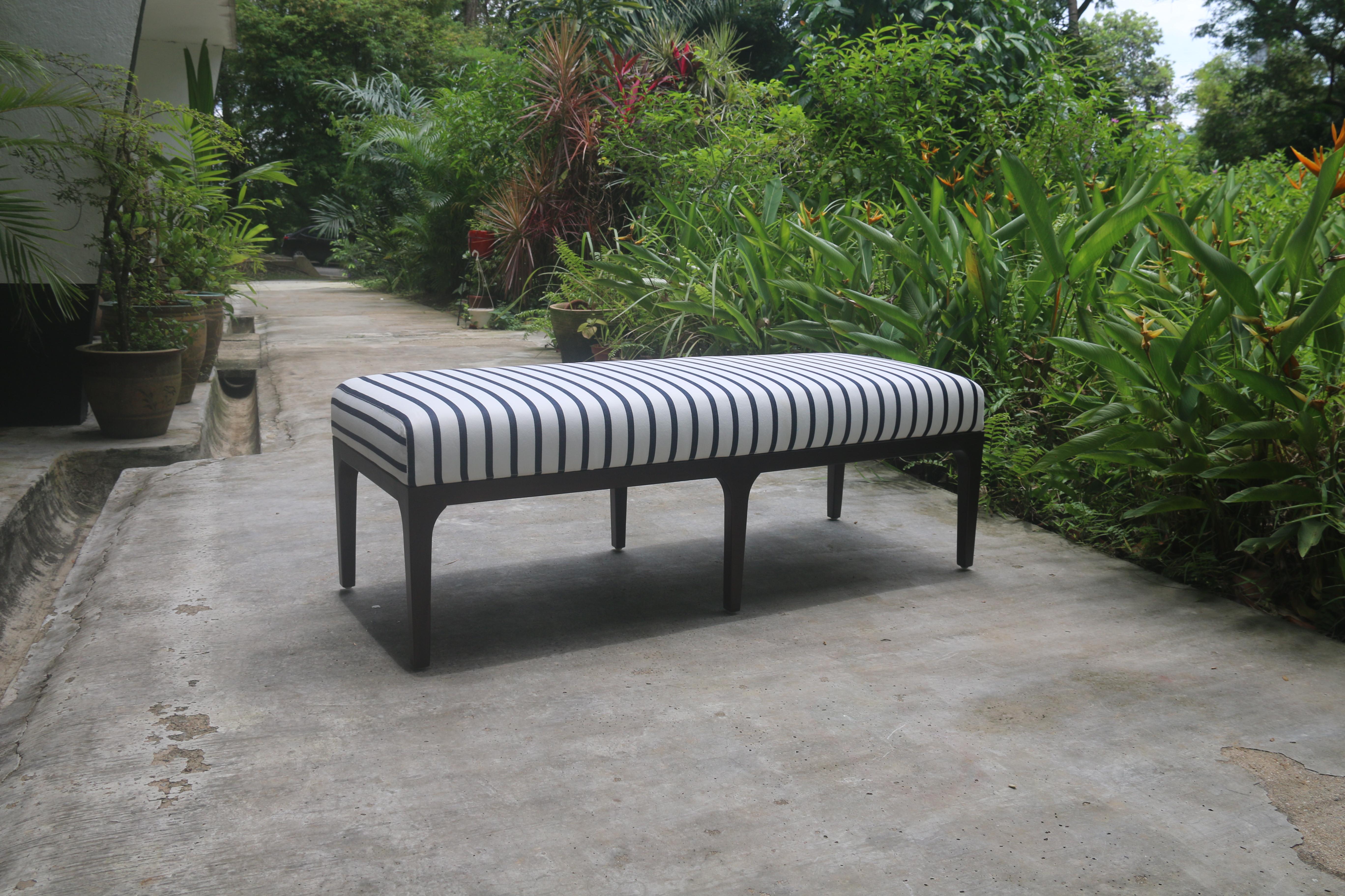 Indonesian Bench in Walnut Brown Finish with Navy and White Nautical Stripe Fabric For Sale