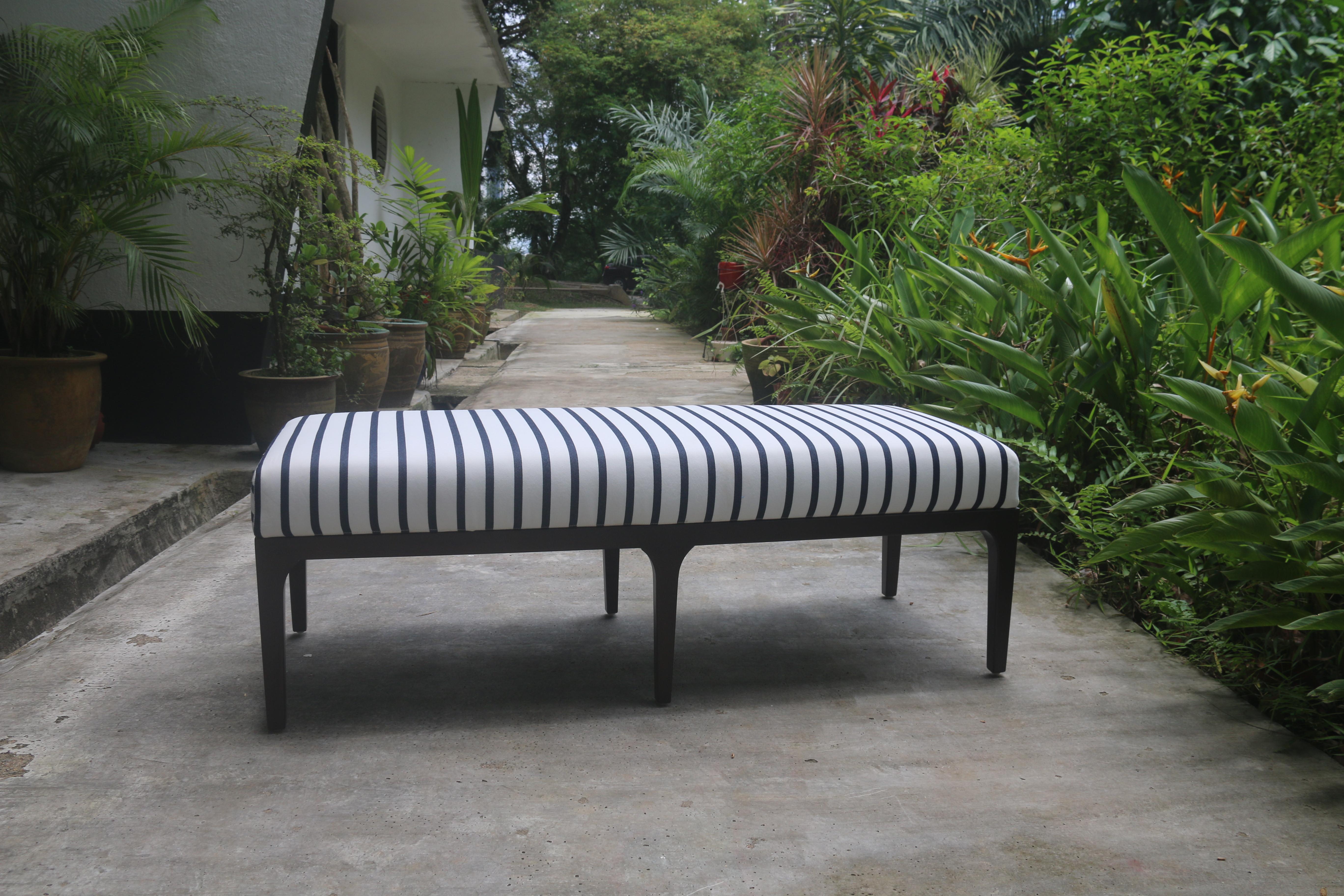 Contemporary Bench in Walnut Brown Finish with Navy and White Nautical Stripe Fabric For Sale