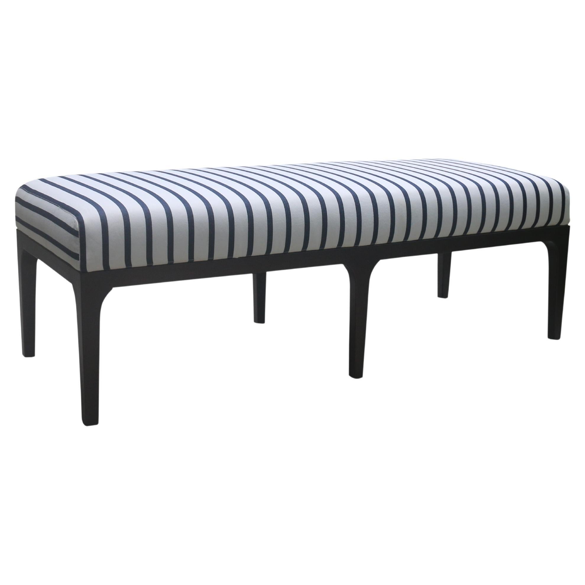Bench in Walnut Brown Finish with Navy and White Nautical Stripe Fabric For Sale