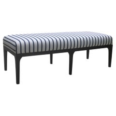 Bench in Walnut Brown Finish with Navy and White Nautical Stripe Fabric
