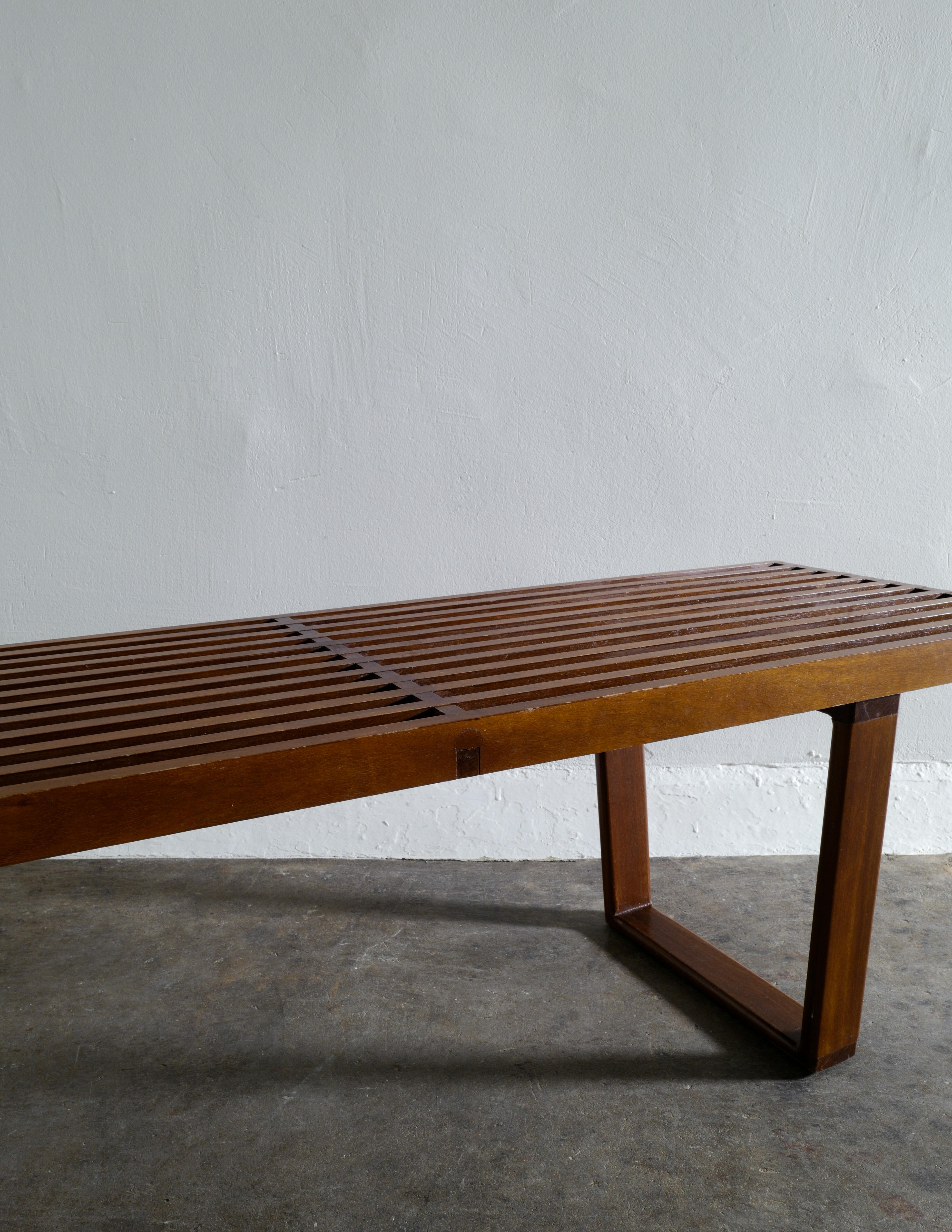 Mid-Century Modern Wooden Bench in Walnut in style of George Nelson Produced in France, 1960s