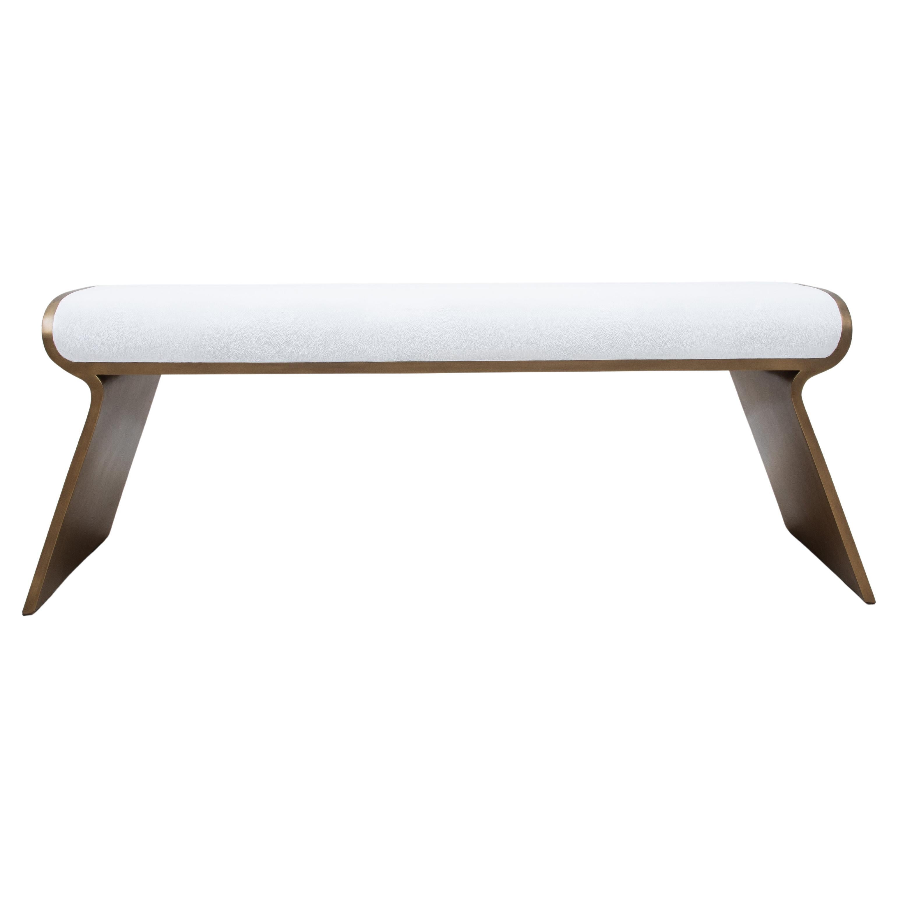 Bench in White Shagreen with Bronze Patina Brass Legs by Kifu Paris