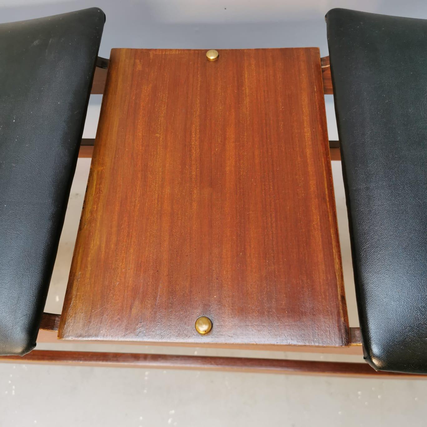 Mid-20th Century Bench in Wood E Black Leather Seats