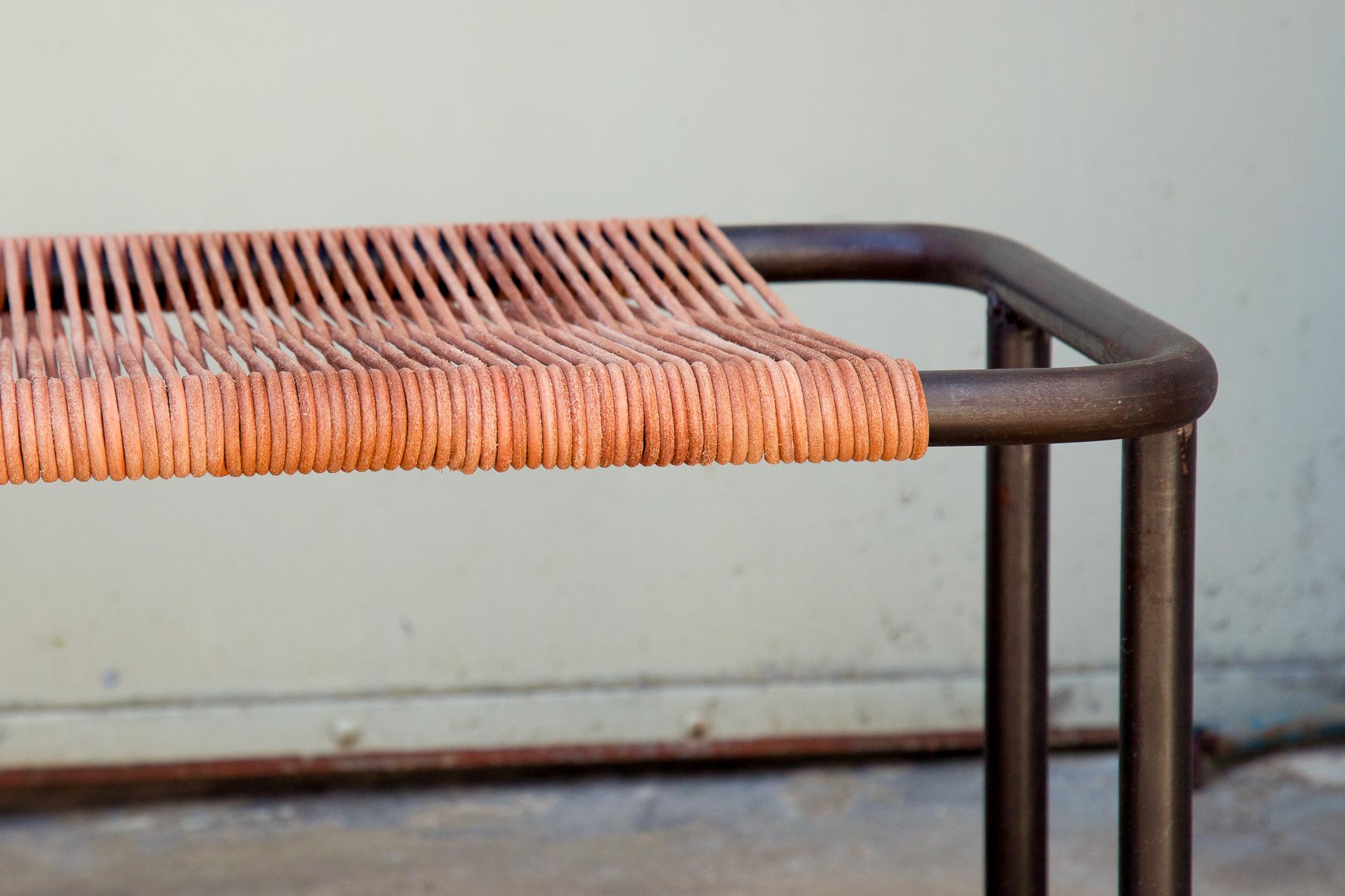 Bench, Leather Rope, Metal / Sleek Design For Sale 4