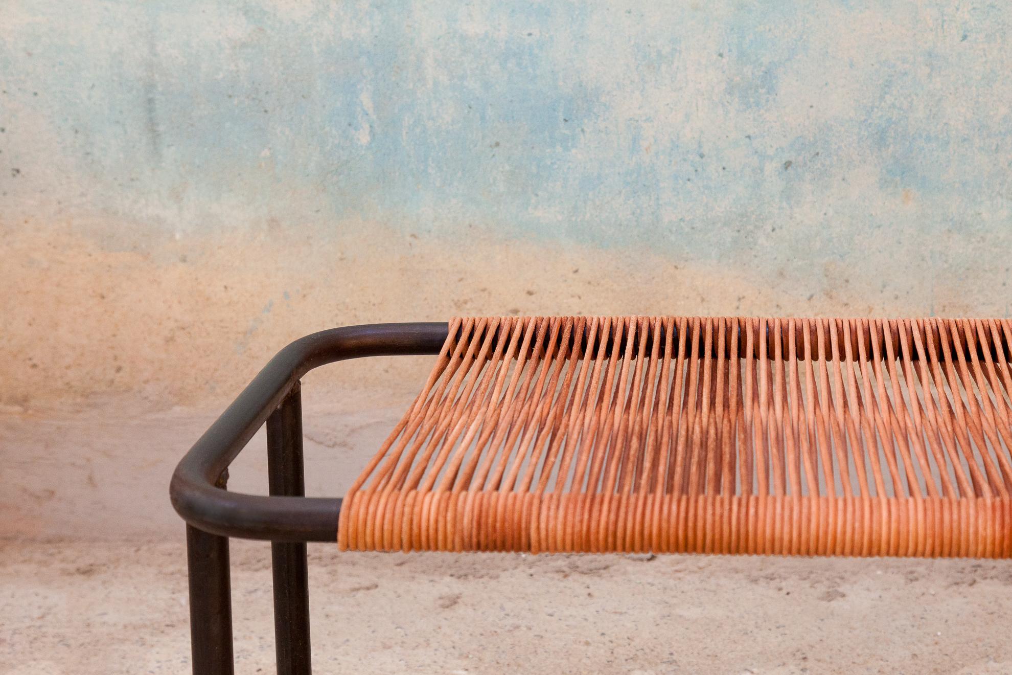 Bench, Leather Rope, Metal / Sleek Design For Sale 1