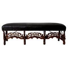 Bench Long European Baroque 1650-1750 Black Leather Brown Wood Europe