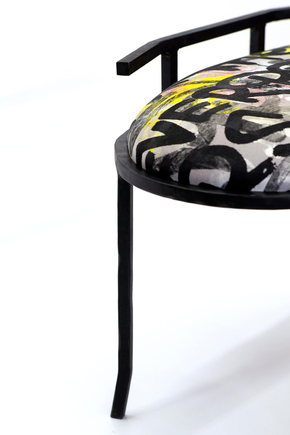 American Bench Loveseat Chair/Handmade GraffitiTextile Modern/Contemporary Waxed Steel For Sale
