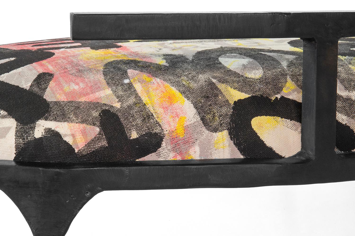 Bench Loveseat Chair/Handmade GraffitiTextile Modern/Contemporary Waxed Steel In New Condition For Sale In Bronx, NY