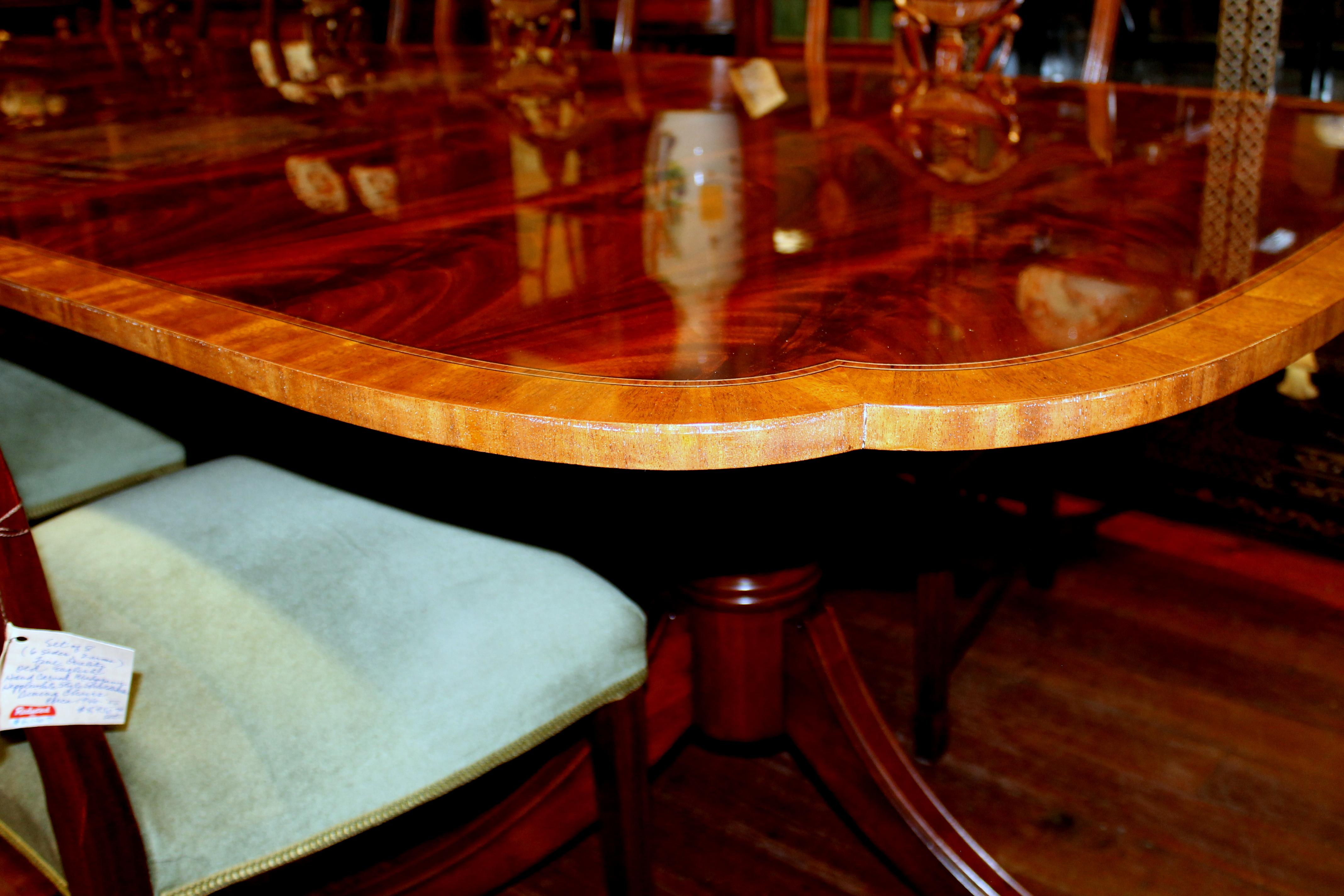 Bench Made Inlaid and Book-Matched Flame Mahogany Sheraton Style Dining Table 6