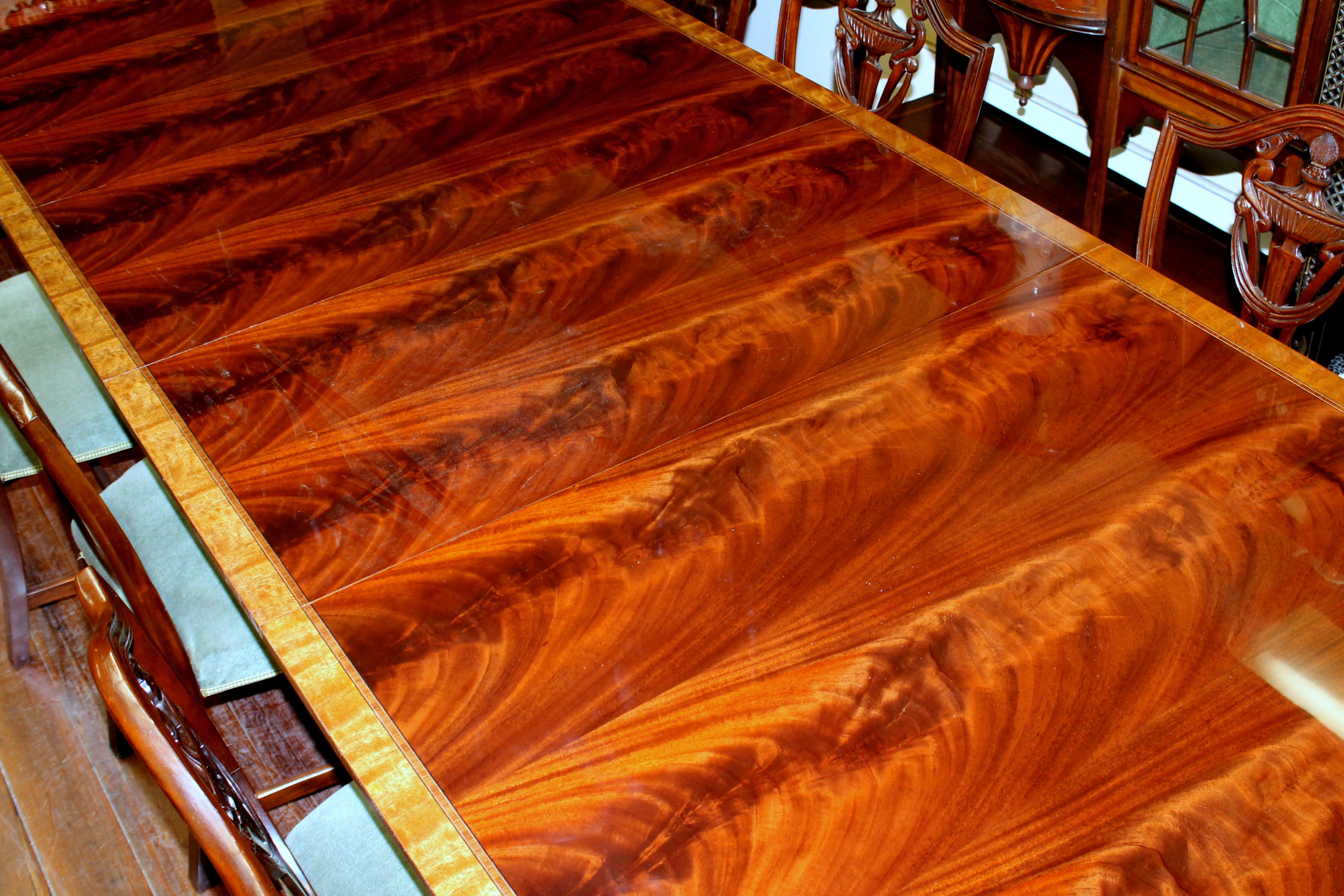 Bench Made Inlaid and Book-Matched Flame Mahogany Sheraton Style Dining Table 7