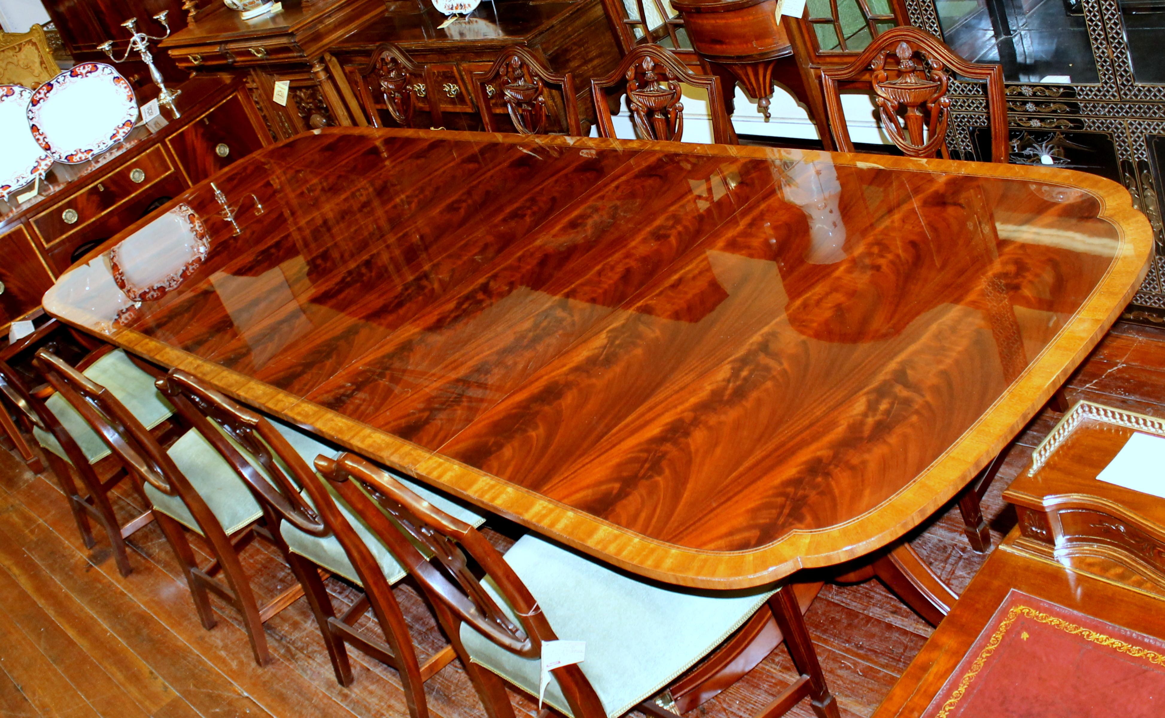Bench Made Inlaid and Book-Matched Flame Mahogany Sheraton Style Dining Table 8