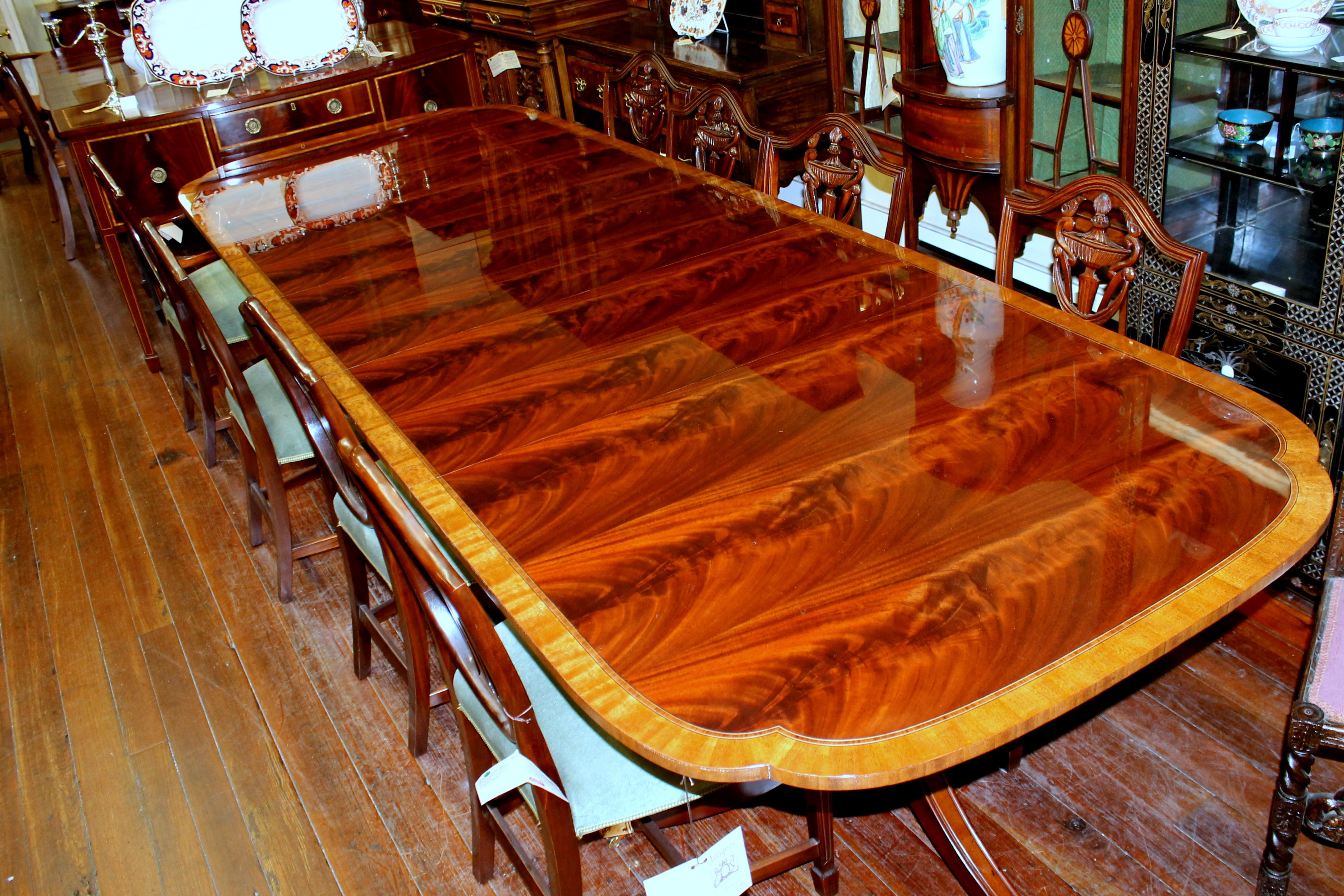 Bench Made Inlaid and Book-Matched Flame Mahogany Sheraton Style Dining Table 9